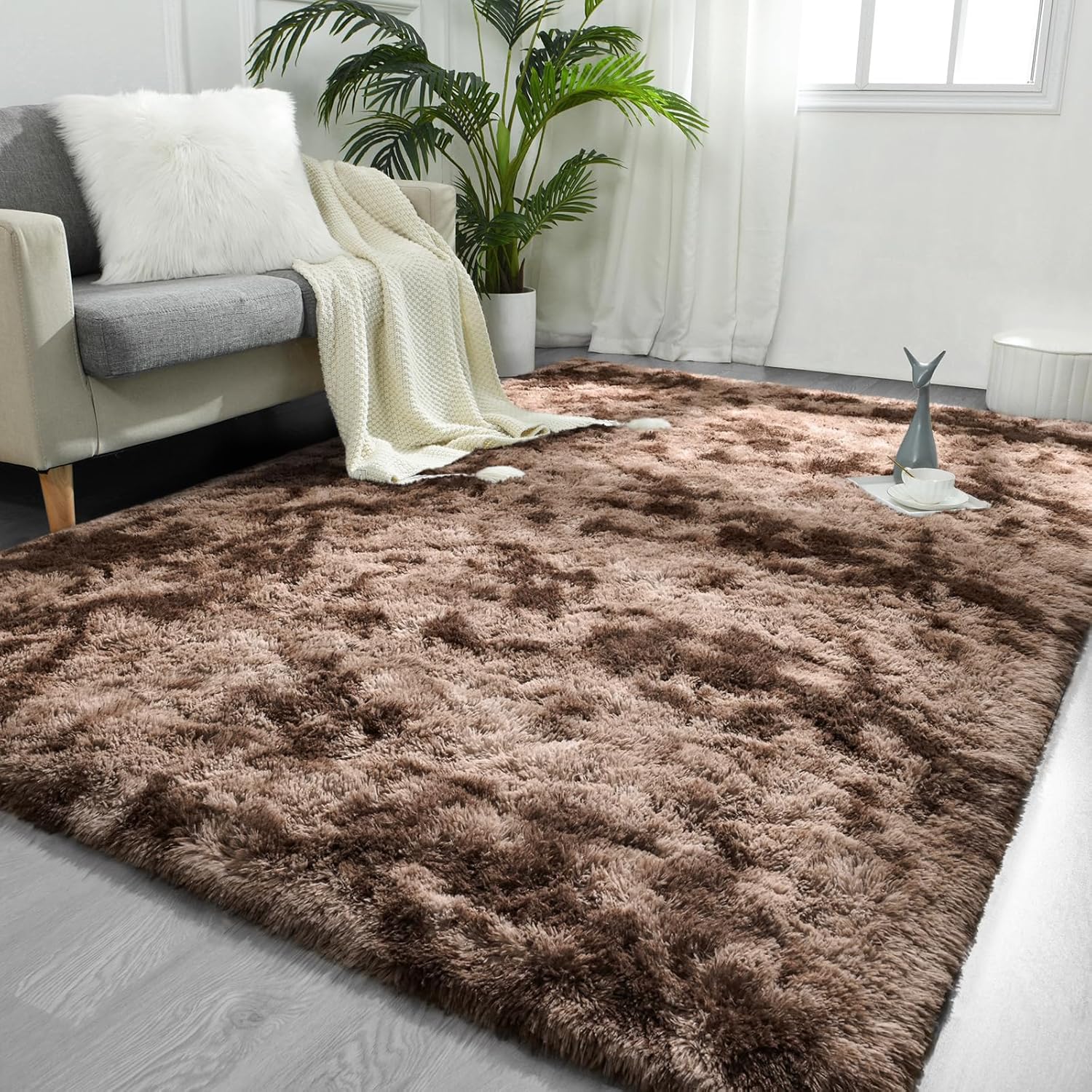 FlyDOIT Alfombras de área grandes para sala de estar, 5 x 8 pies, teñido anudado, color café, peludas, mullidas, ultra suaves, modernas, para