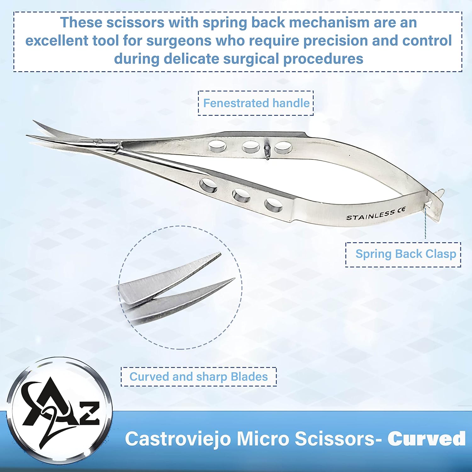 Castroviejo Micro Tijeras 3.5″ Curvado, Mango Plano Fenestrado