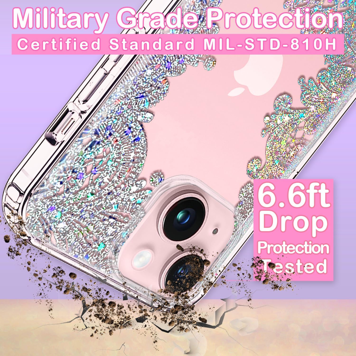 Coolwee Funda transparente antiamarillamiento con purpurina para iPhone 15, 6.1 pulgadas, 6.6 pies, protección de grado militar, protector de