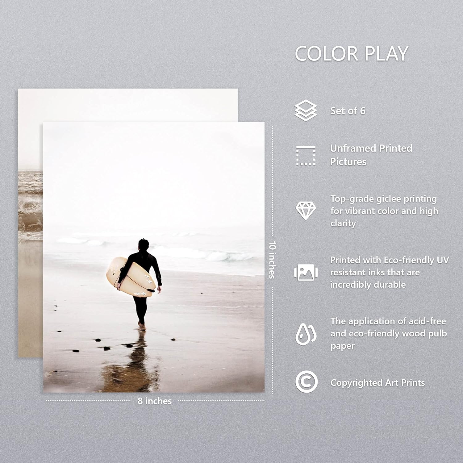 Color Play Impresiones de playa, arte de pared, imágenes del océano, decoración del hogar, juego de 6 pósteres retro costeros, palmeras tropicales,