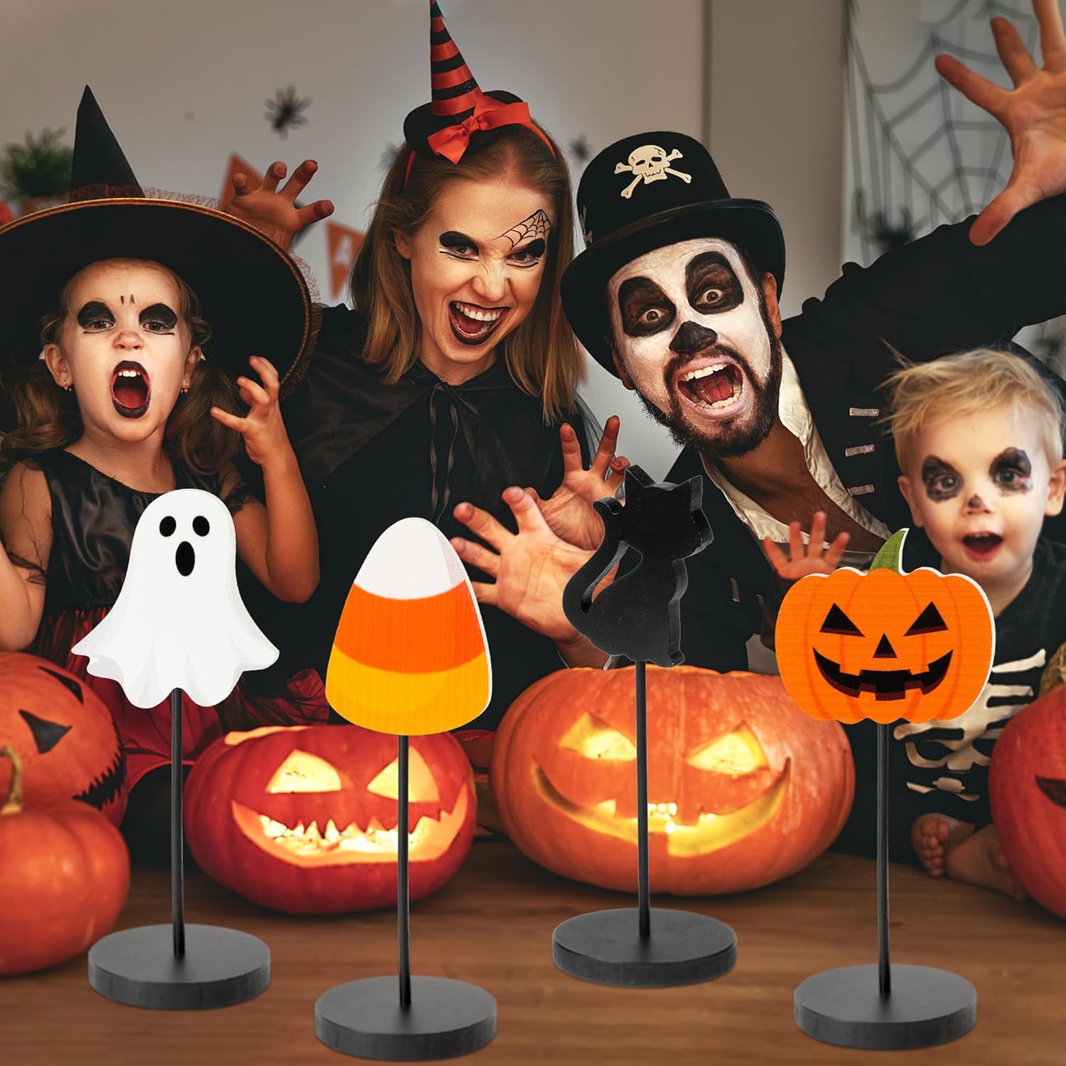 WATINC 4 piezas de decoración de mesa de madera de Halloween, gato negro, fantasma, calabaza, caramelo, maíz, bandeja escalonada de madera,