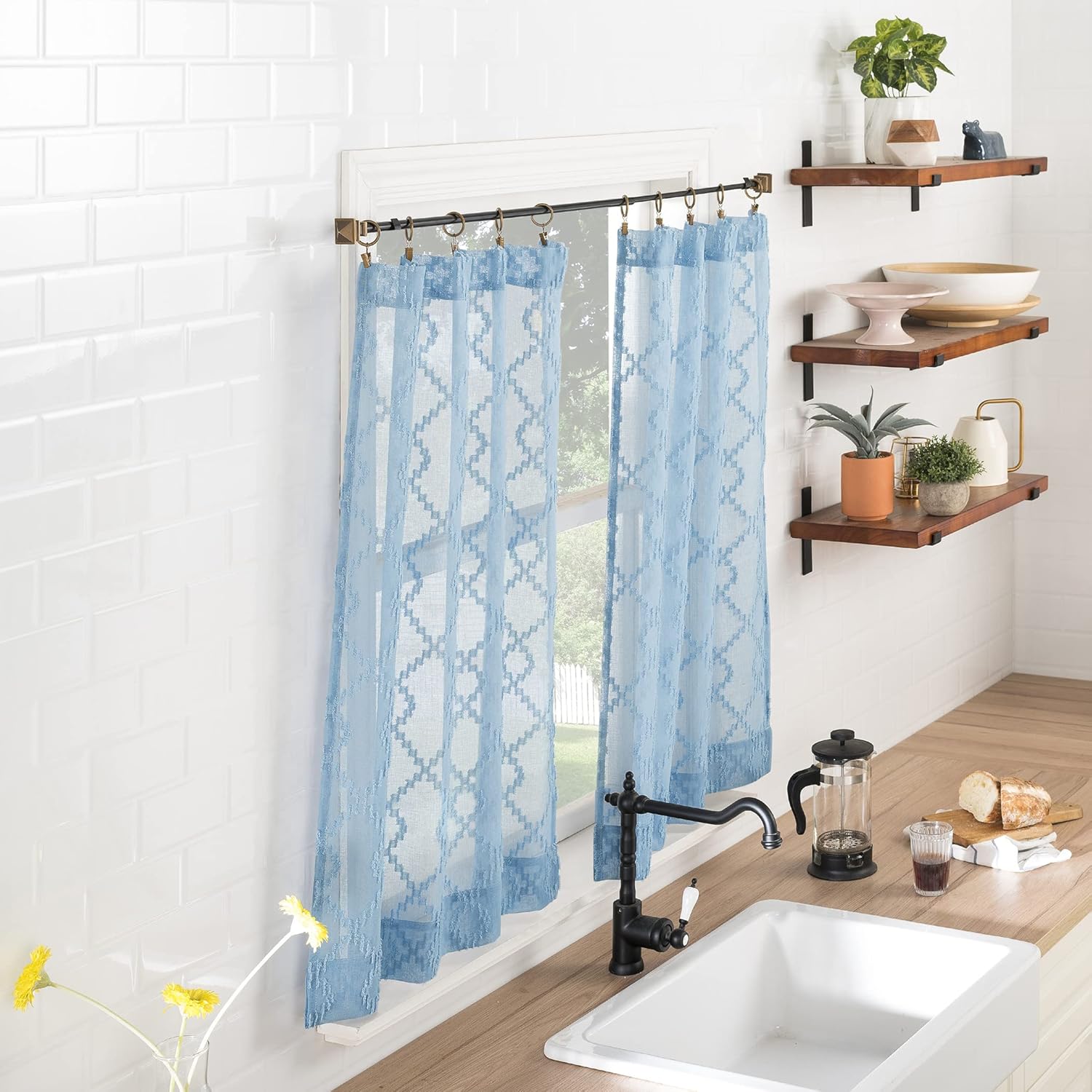 No. 918 Tina – Juego de cenefas y niveles de cortina de cocina semitransparentes con recortes geométricos, 54 x 36 pulgadas, azul tranquilo