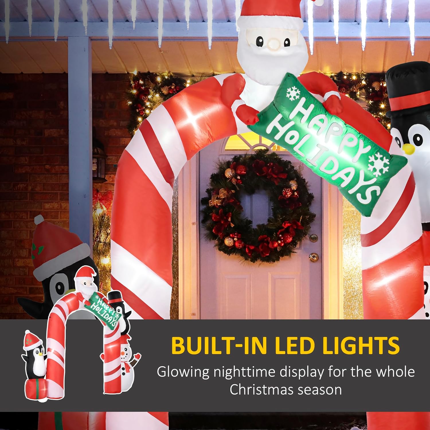 HOMCOM Inflables gigantes de Navidad de 10 pies para decoración al aire libre, arco con Papá Noel y pingüino, decoración de Navidad LED inflable