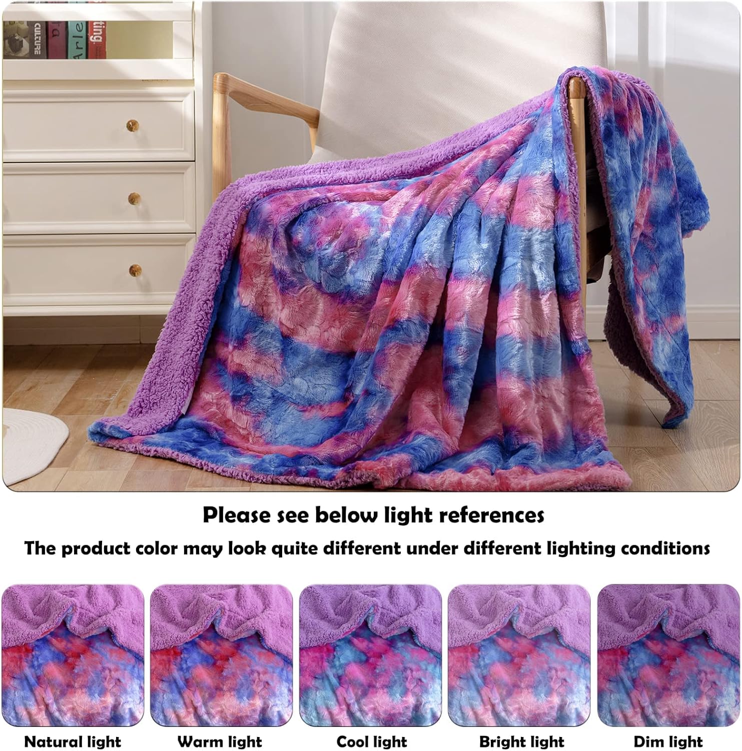 NEWCOSPLAY Manta mullida de piel sintética para sofá, color morado, azul y rosa, manta de felpa cálida para sofá y cama (morado, azul y rosa, manta