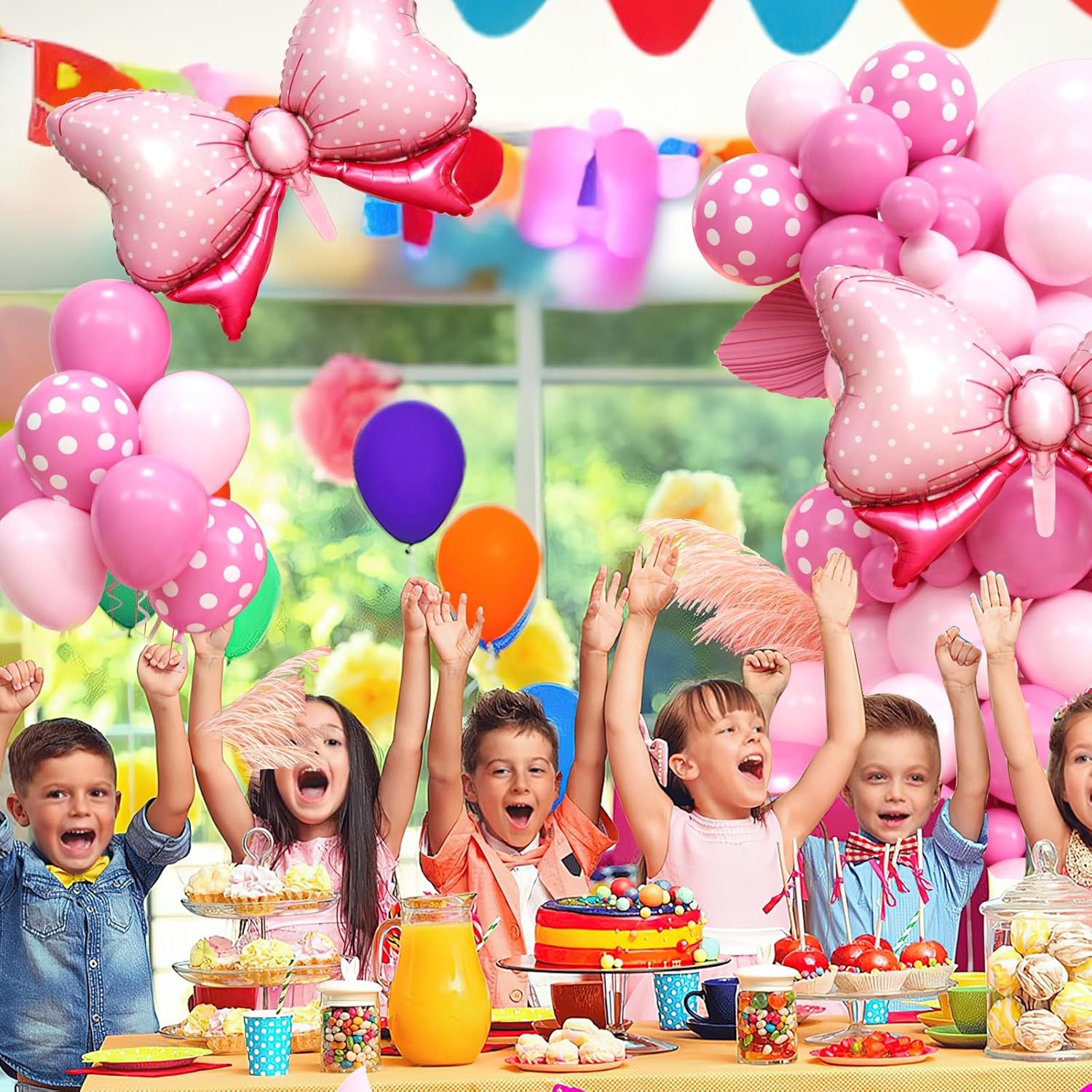 Decoraciones de cumpleaños de ratón rosa, kit de guirnalda de arco de globo de ratón rosa con pajarita rosa, lunares rosa intenso para niñas,