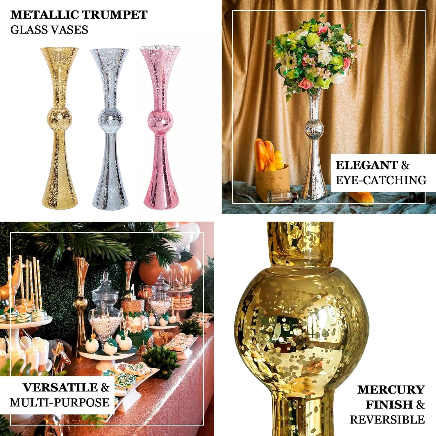 Efavormart – Paquete de 2 jarrones de vidrio reversibles de mercurio champán de 24 pulgadas de alto para decoración de bodas
