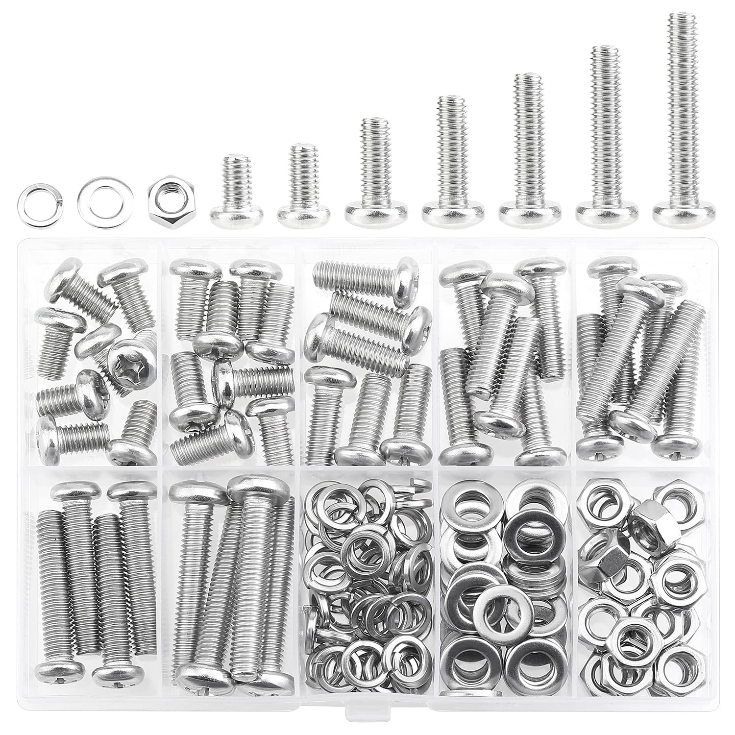 100 piezas M6 x 0.394 in 0.472 in 0.630 in 0.787 in 0.984 in 1.181 in 1.378 in, tornillos métricos, tornillos métricos, arandelas, tuercas, acero