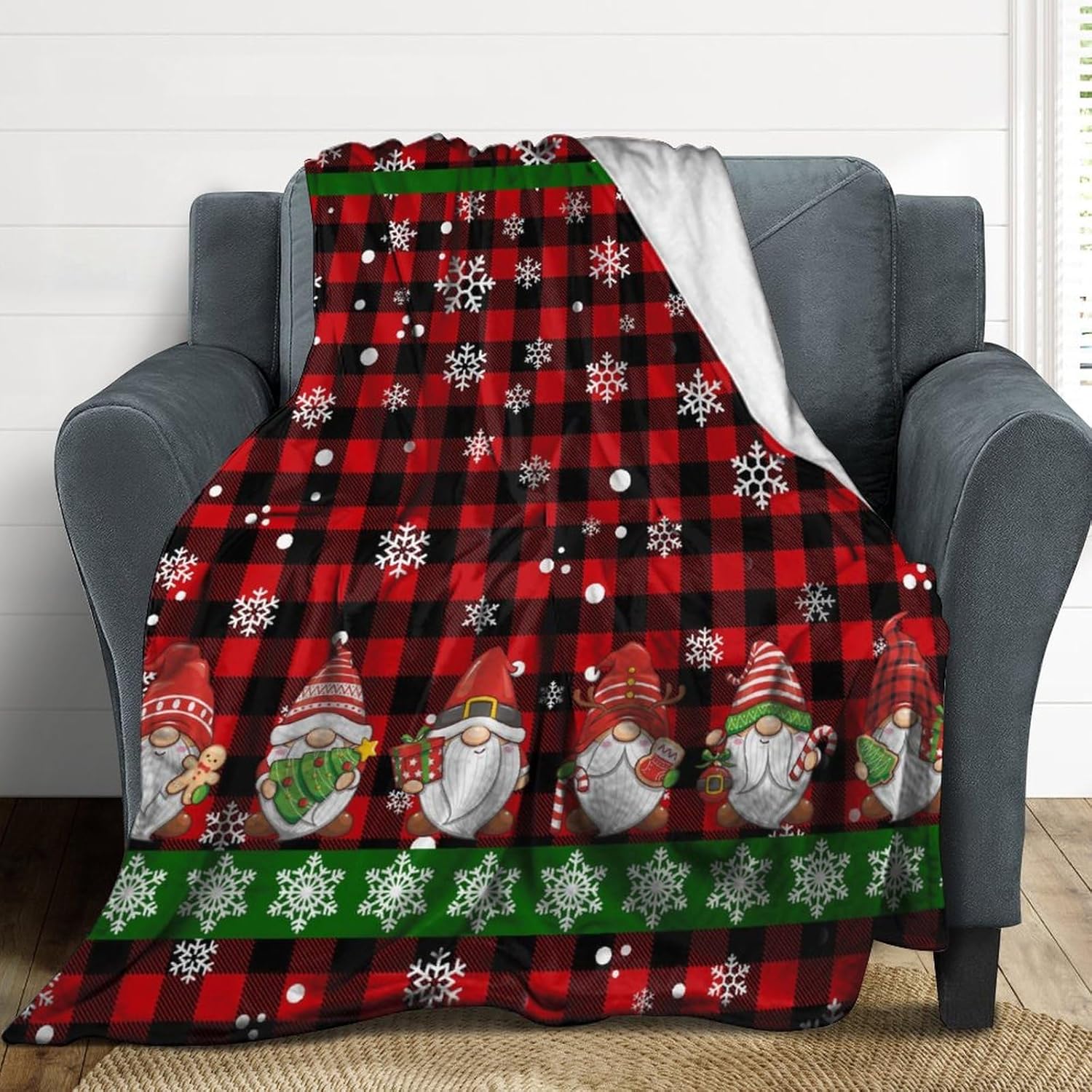 Mantas de invierno con texto en inglés “Merry Christmas” para sofá y cama, color rojo y negro, diseño de gnomos y copos de nieve, suaves,