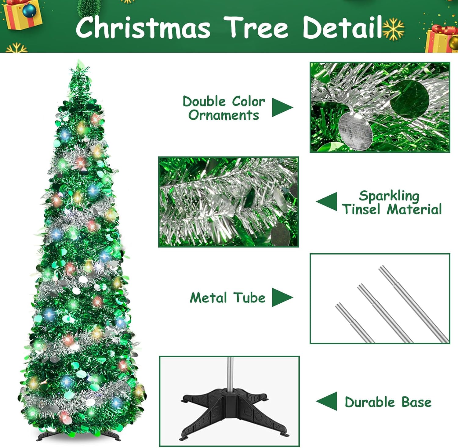 Árbol de Navidad desplegable de 5 pies con 8 modos, 90 decoraciones coloridas de Navidad, árbol de Navidad plegable para interiores y hogar,