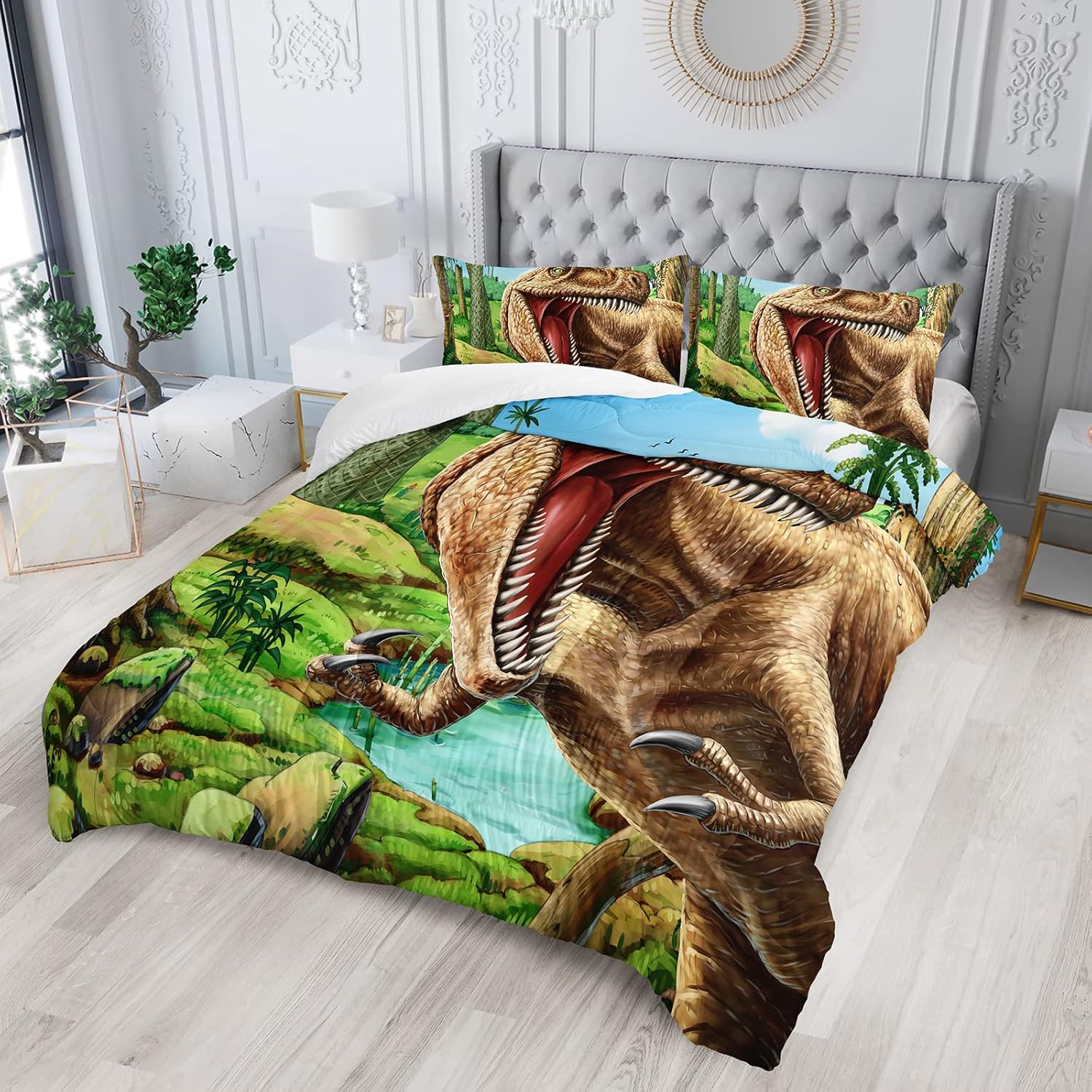 Juego de edredón de dinosaurio 3D tamaño matrimonial para niños y niños, juego de ropa de cama de dinosaurio Jurassic Jungle de 3 piezas, incluye 1