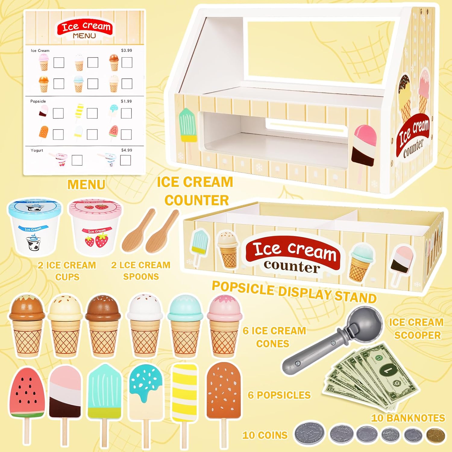 Juego de contador de helados para niños, juguetes de comida Montessori, accesorios de cocina, juego de paletas de madera con cuchara y dinero falso,