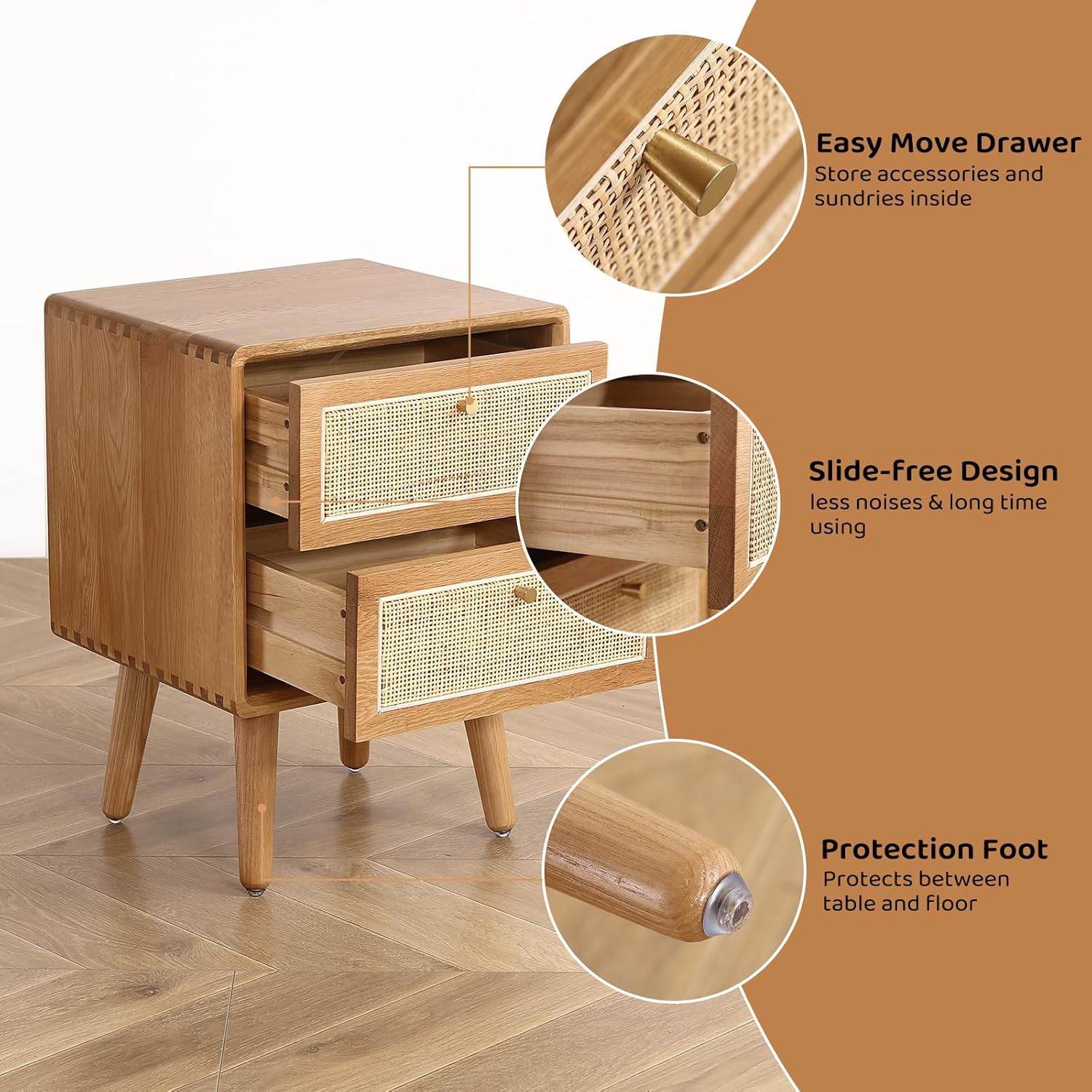 Olusmane Nightstand Easy Assembly Solid Oak Wood Mid Century Modern Night Stand with 2 Rattan Drawers Small Bedside Table Sturdy & Durable 15.75″ L