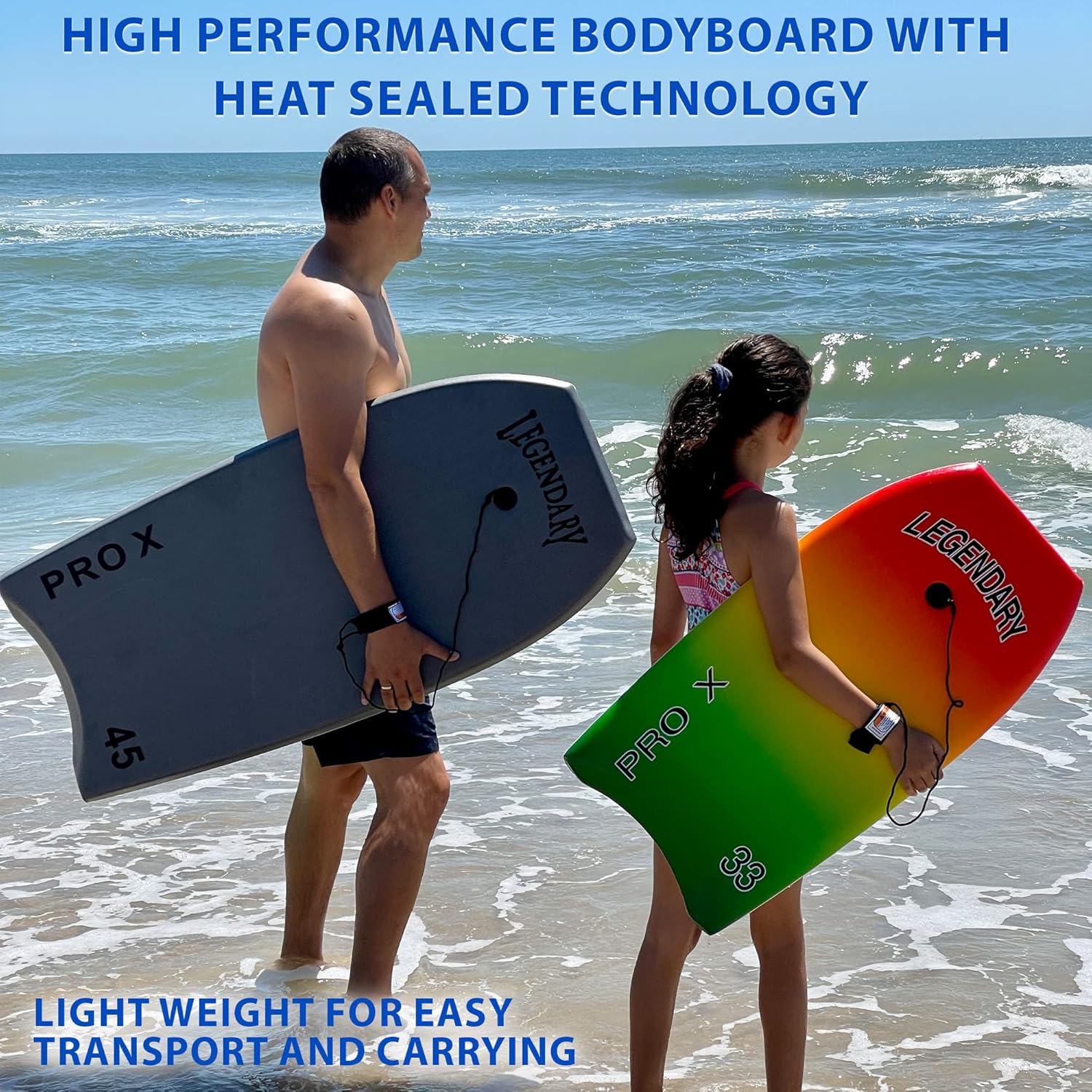 Legendary Pro X Bodyboard para playa con parte inferior dura, tablas Boogie para niños y adultos, selladas térmicamente con núcleo EPS, correa