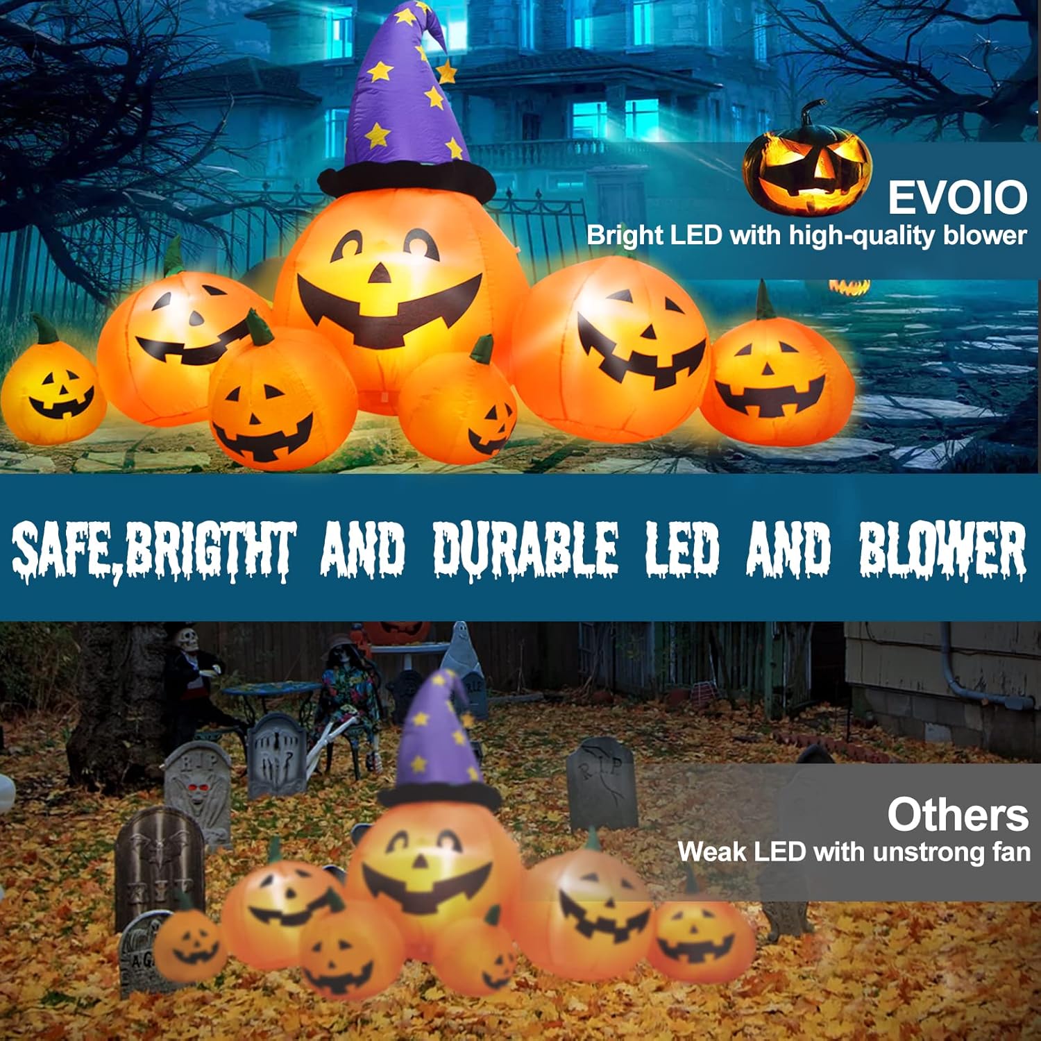 Evoio Calabazas inflables de Halloween de 8 pies para decoración al aire libre, calabazas inflables de patio y sombrero de bruja con luces LED