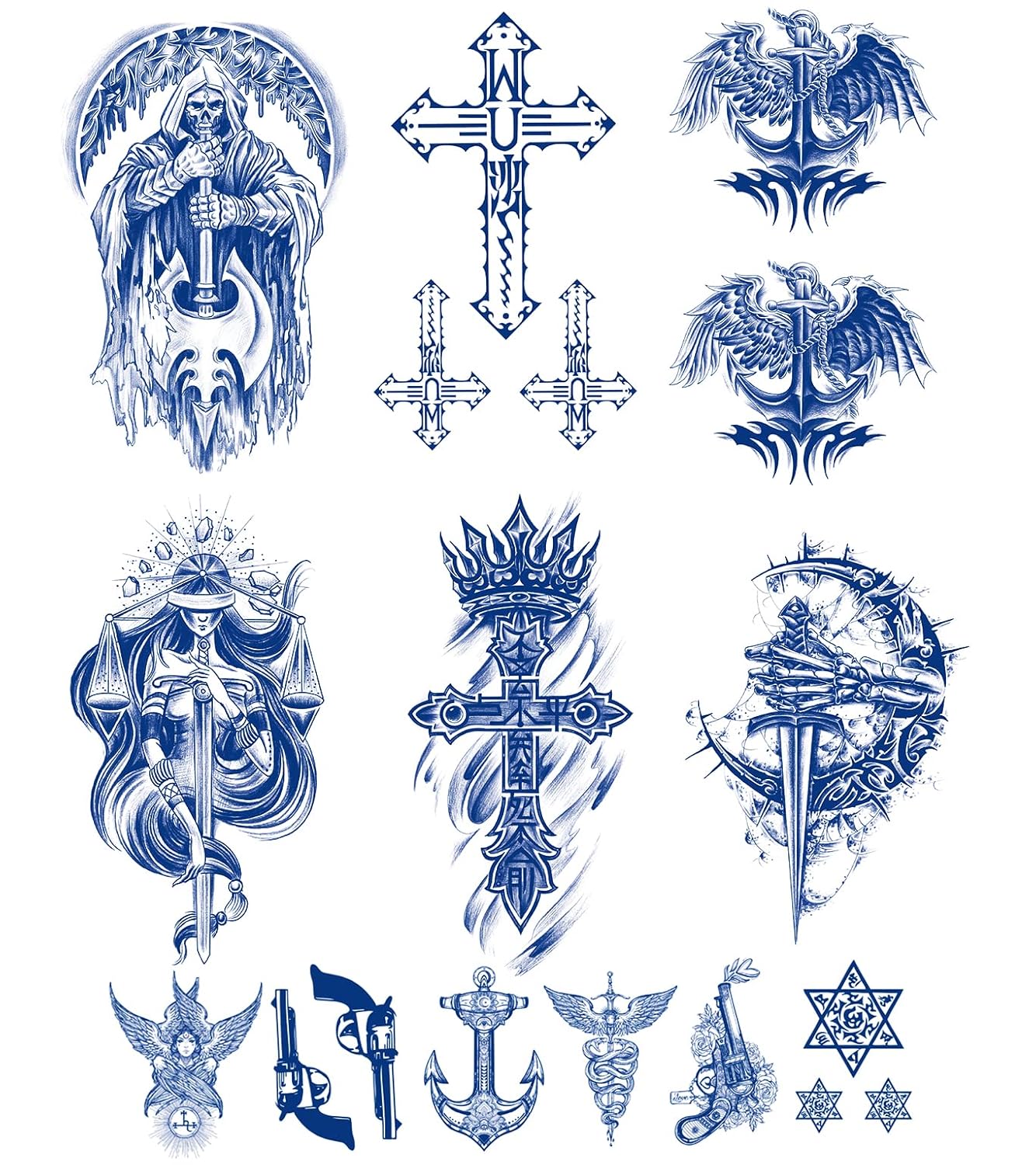 PADOUN Tatuajes temporales de espada de caballero cruz, 12 hojas de calcomanías impermeables semipermanentes, de larga duración para 1-2 semanas,