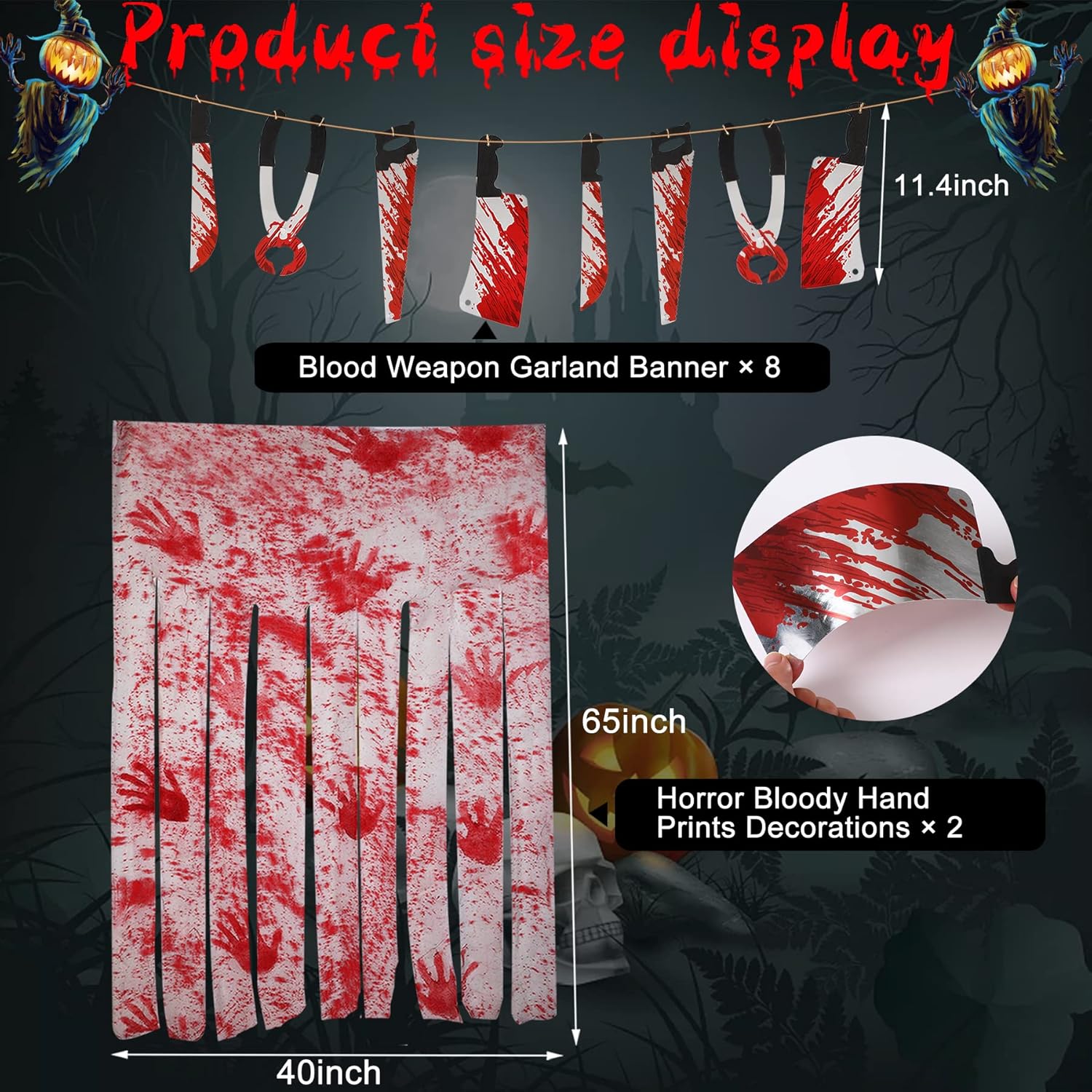 2 decoraciones de puerta de Halloween con impresiones a mano, 1 pancarta de guirnalda de armas de sangre de Halloween, decoración de Halloween,