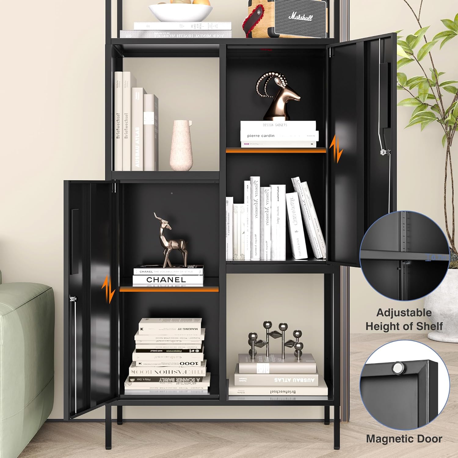 LISSIMO Gabinete de almacenamiento de metal con estante de almacenamiento abierto, estante de almacenamiento negro con puertas dobles, armario de