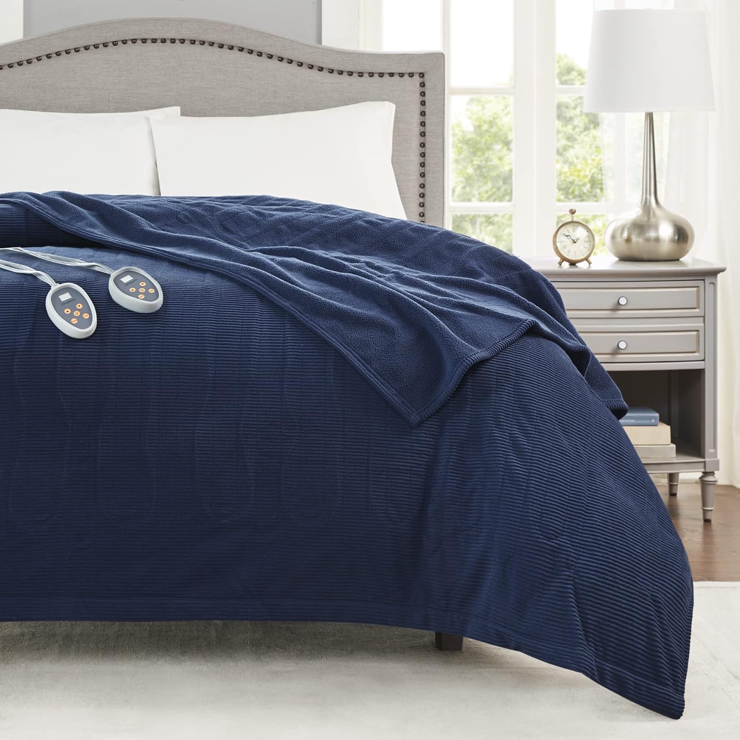 Beautyrest Manta eléctrica de microforro polar ultrasuave con textura acanalada, acogedora y cómoda para clima frío, calentamiento rápido, apagado