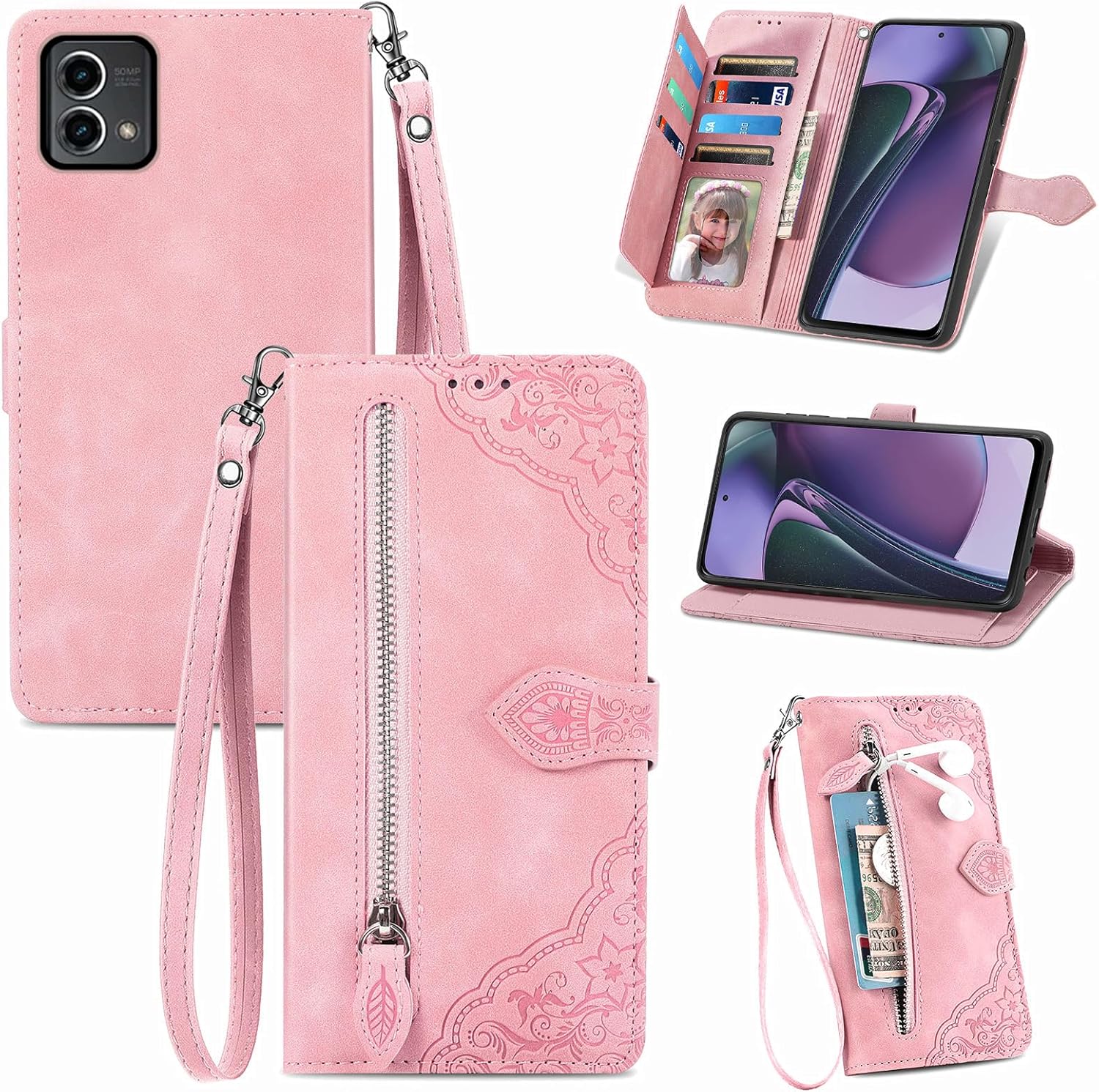 Furiet Funda compatible con Motorola Moto G Stylus 5G 2023 con correa para la muñeca y soporte de cuero para tarjetas con tapa y soporte para
