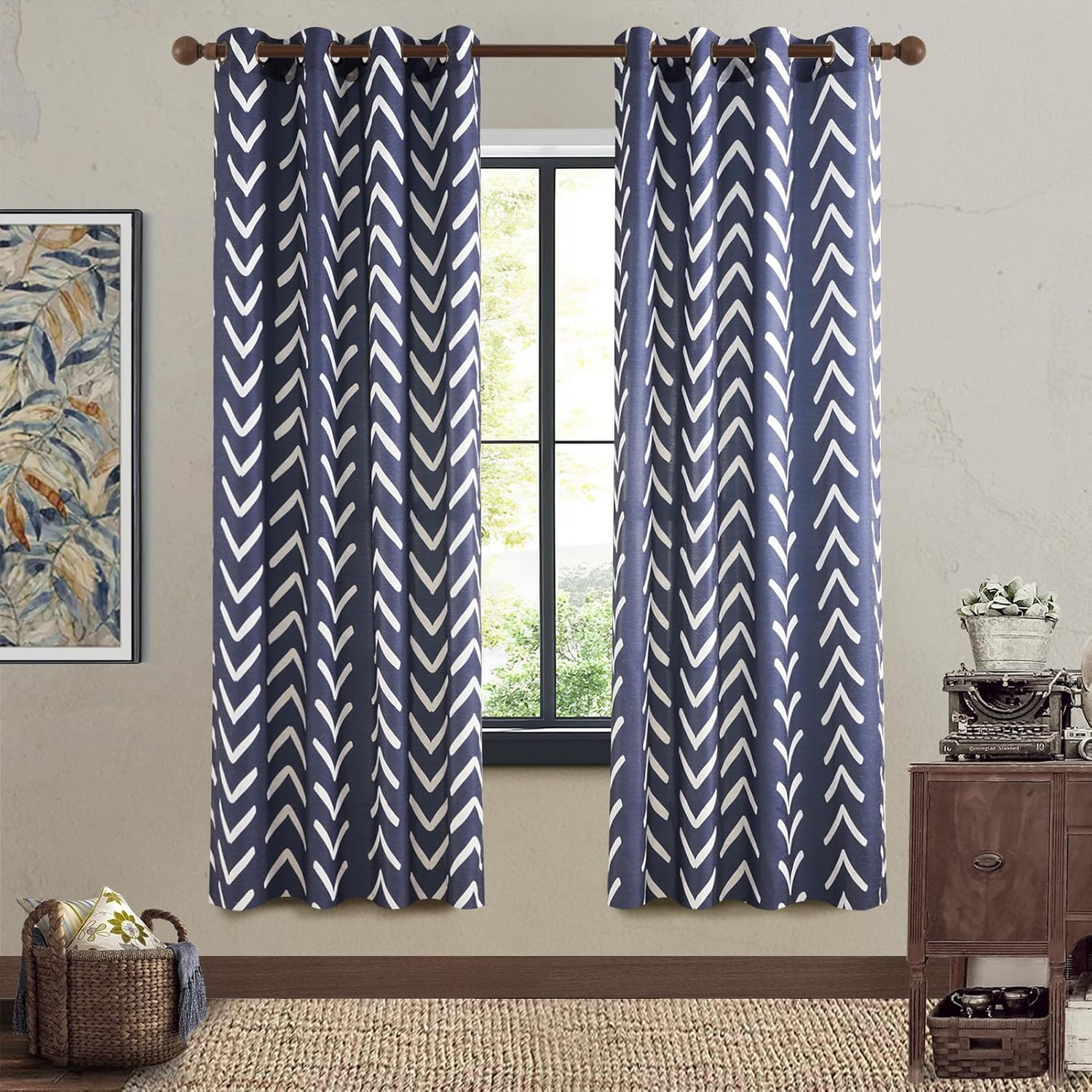 Topfinel Cortinas de lino con patrón azul y blanco con ojales de 63 pulgadas de largo para dormitorio, cortinas bohemias modernas con patrón bohemio