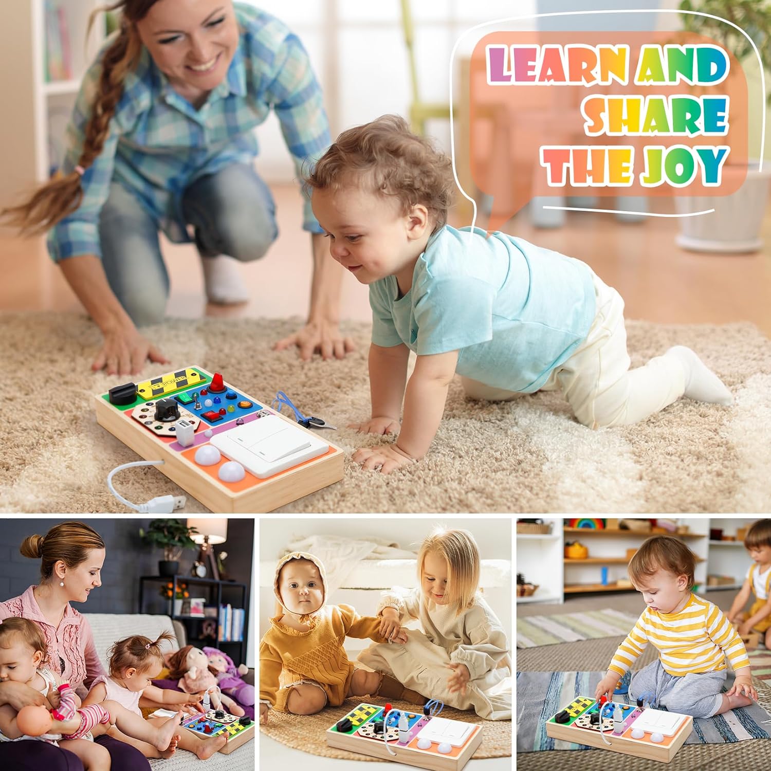 Montessori – Tablero sensorial para bebés de 1, 2, 3, 4 años, tablero de madera con 19 luces LED, juguetes de interruptor, juguete de botón para