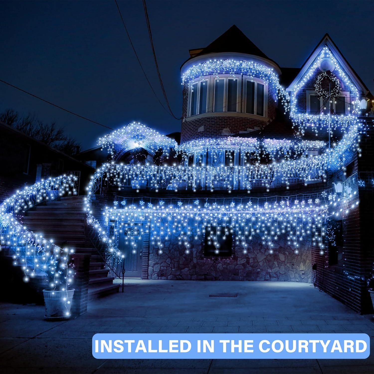 Luces solares de carámbano de invierno, impermeables, decoraciones al aire libre, 600 LED de 49.21 pies, luces blancas frías con 96 gotas, 8 modos