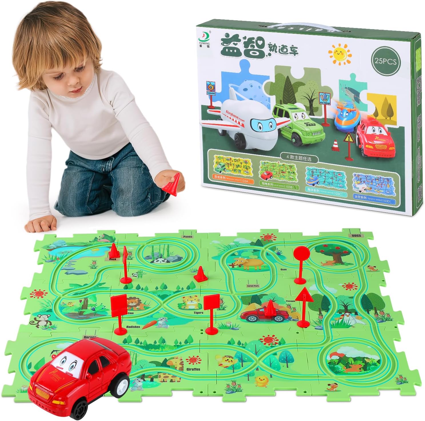 Carrito eléctrico de ensamblaje de bricolaje, juego de pista de rompecabezas para niños pequeños con vehículos, juguetes de construcción de