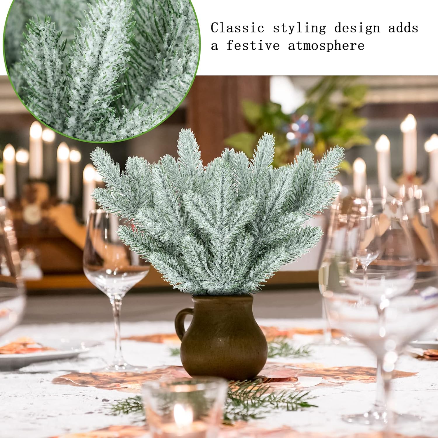 Agujas de pino artificial esmerilado, ramas de Navidad, picas de pino nevado falsas, ramitas de invierno, tallos de vegetación para árbol de