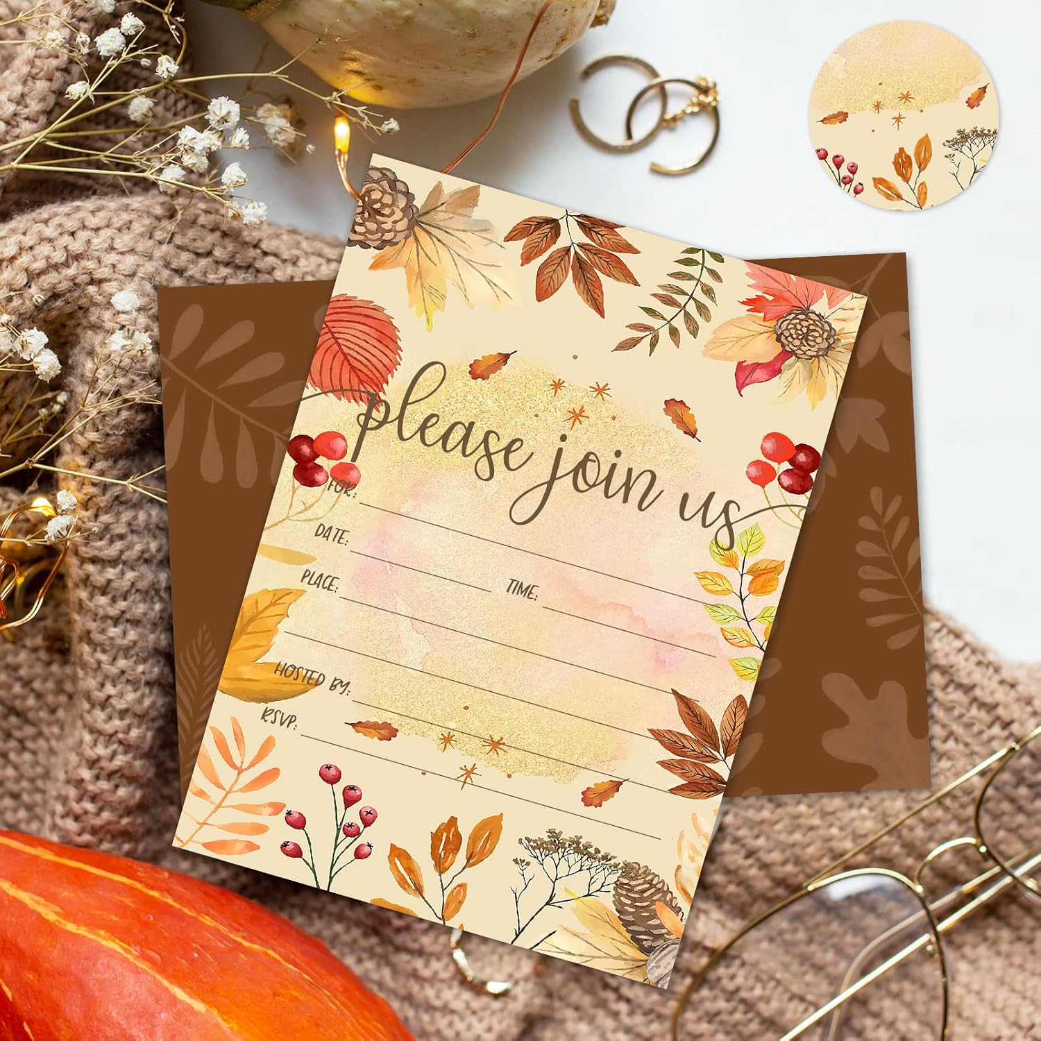 AnyDesign – Invitaciones vintage de otoño, 25 juegos de tarjetas de invitación de otoño con sobres, calcomanías de acuarela botánica en blanco para