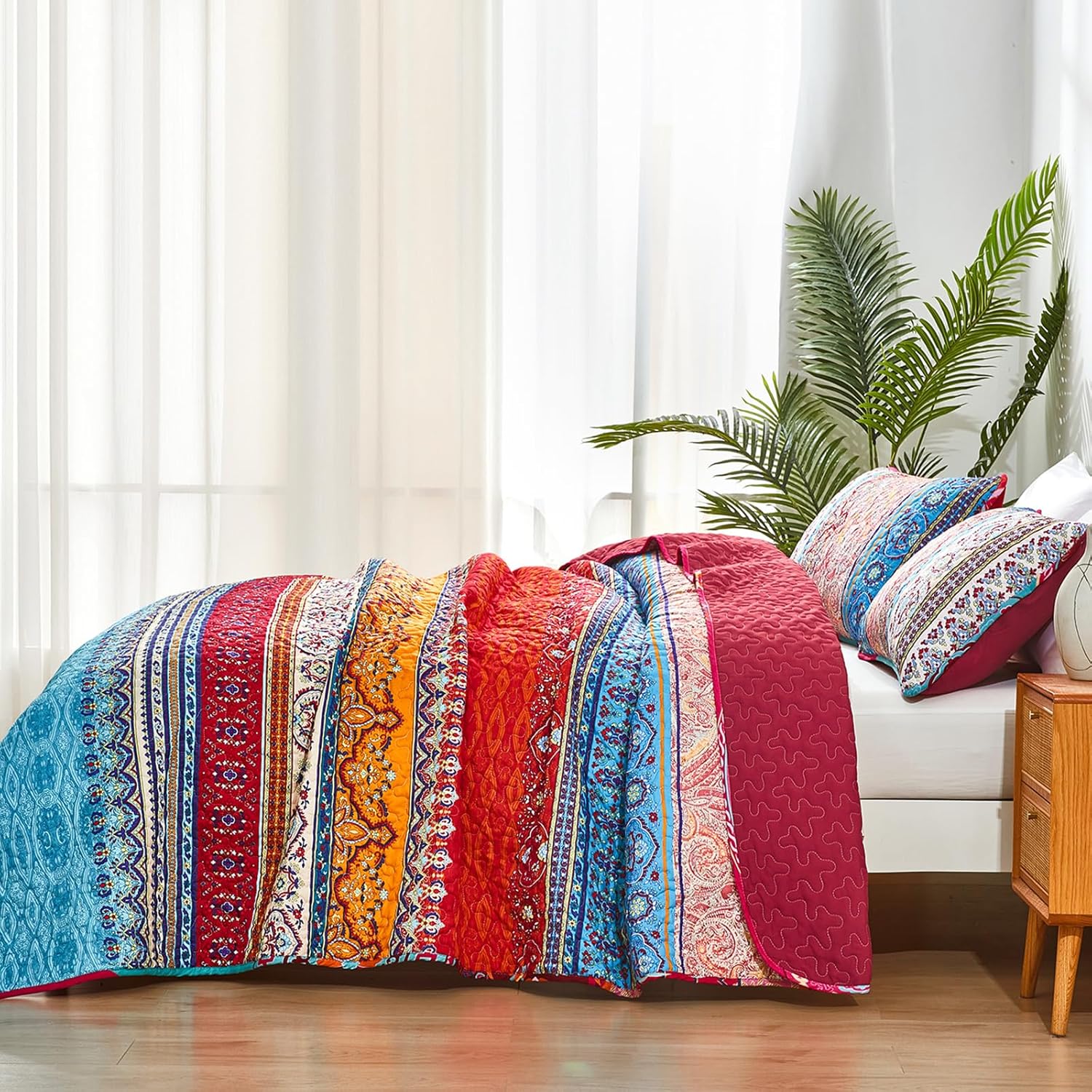 WONGS BEDDING Juego de edredón bohemio tamaño Queen, juego de edredón de 3 piezas de rayas bohemias de Navidad, juego de edredón de microfibra