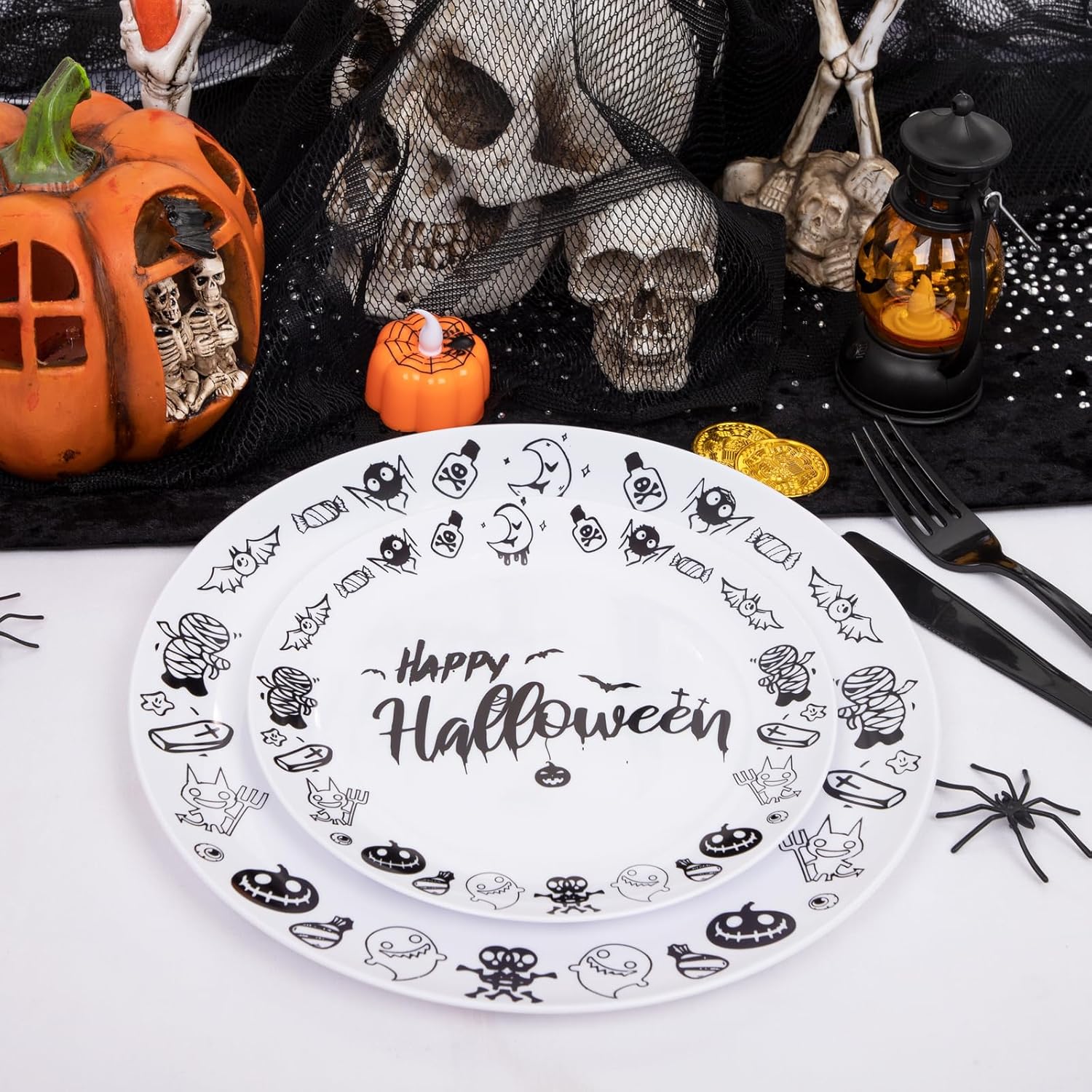 YOUBET 60 platos de Halloween, platos de plástico de Feliz Halloween, platos desechables blancos y negros, 30 platos de cena, 30 platos de postre,