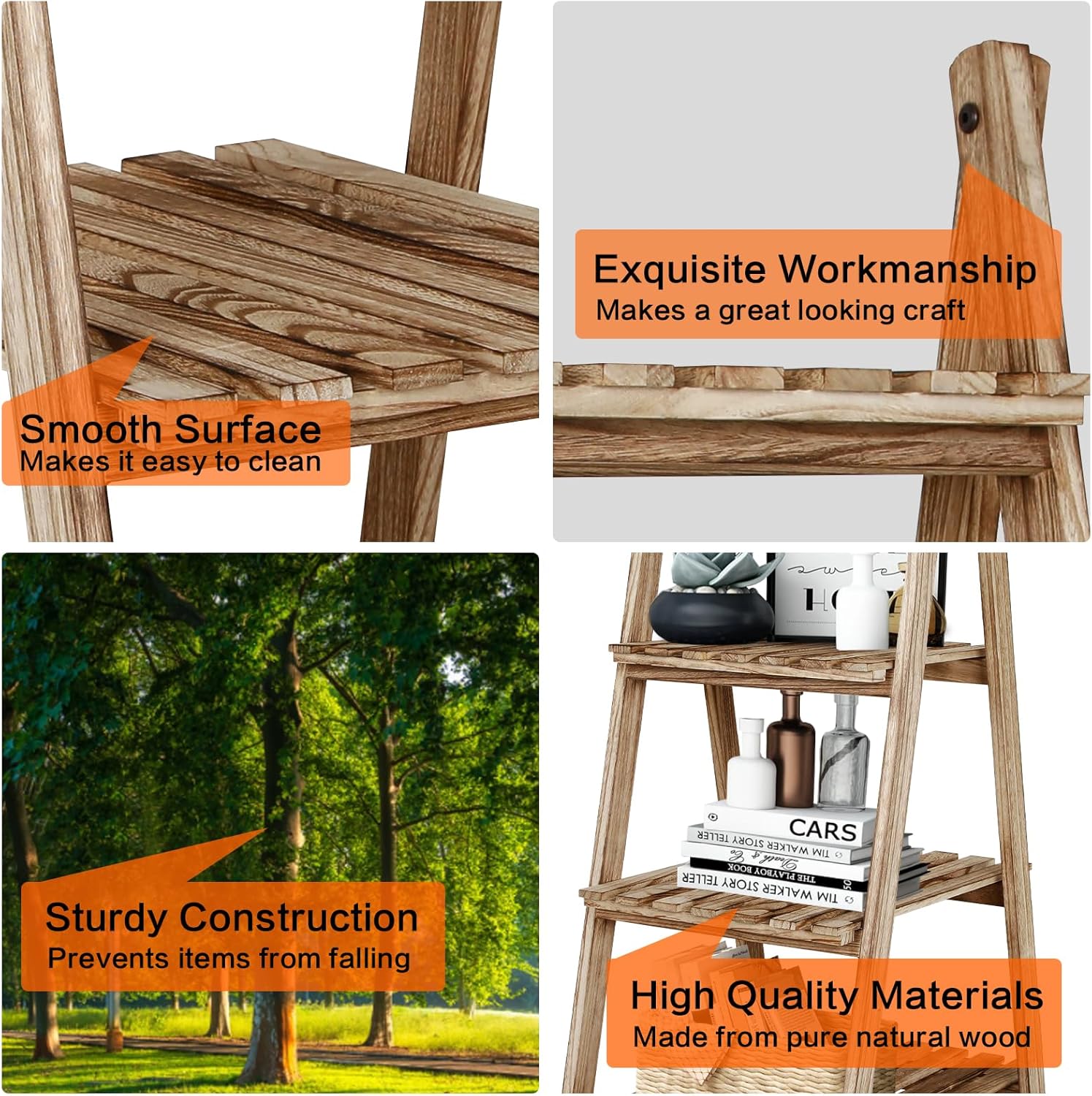 ECOMEX Estante de escalera – Organizador de almacenamiento con estantes de madera rústica de 4 niveles, elegante y funcional soporte para plantas de