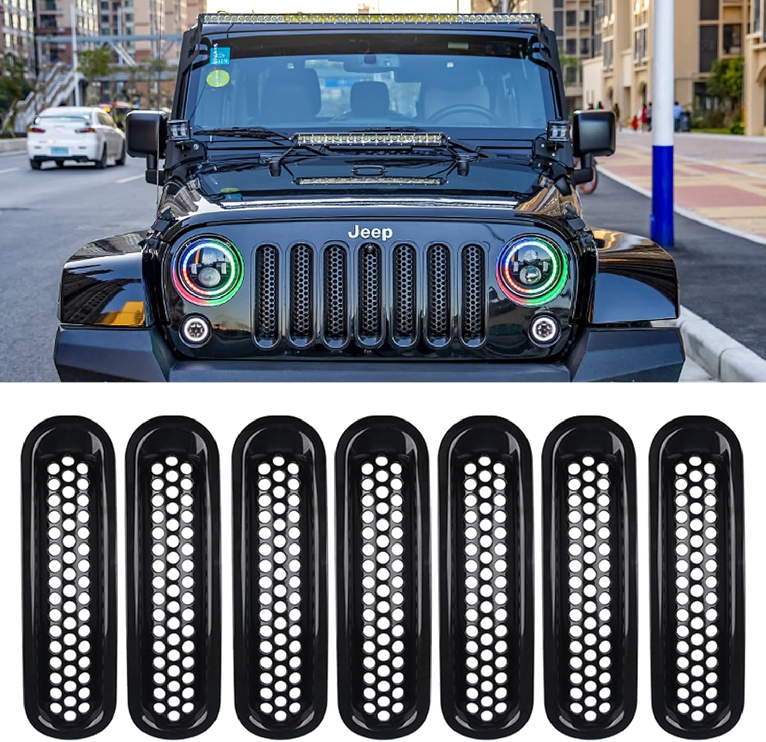 Cubierta de rejilla de malla frontal compatible con Jeep Wrangler JK y JKU 2007-2018 – Insertos de parrilla negros con protector de clip con ranuras