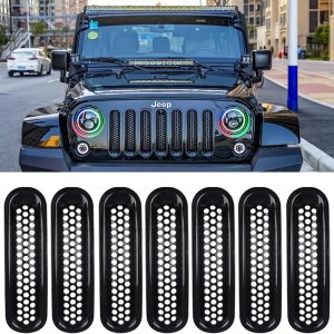 Cubierta de rejilla de malla frontal compatible con Jeep Wrangler JK y JKU 2007-2018 – Insertos de parrilla negros con protector de clip con ranuras Cubierta de rejilla de malla frontal compatible con Jeep Wrangler JK y JKU 2007-2018 – Insertos de parrilla negros con protector de clip con ranuras