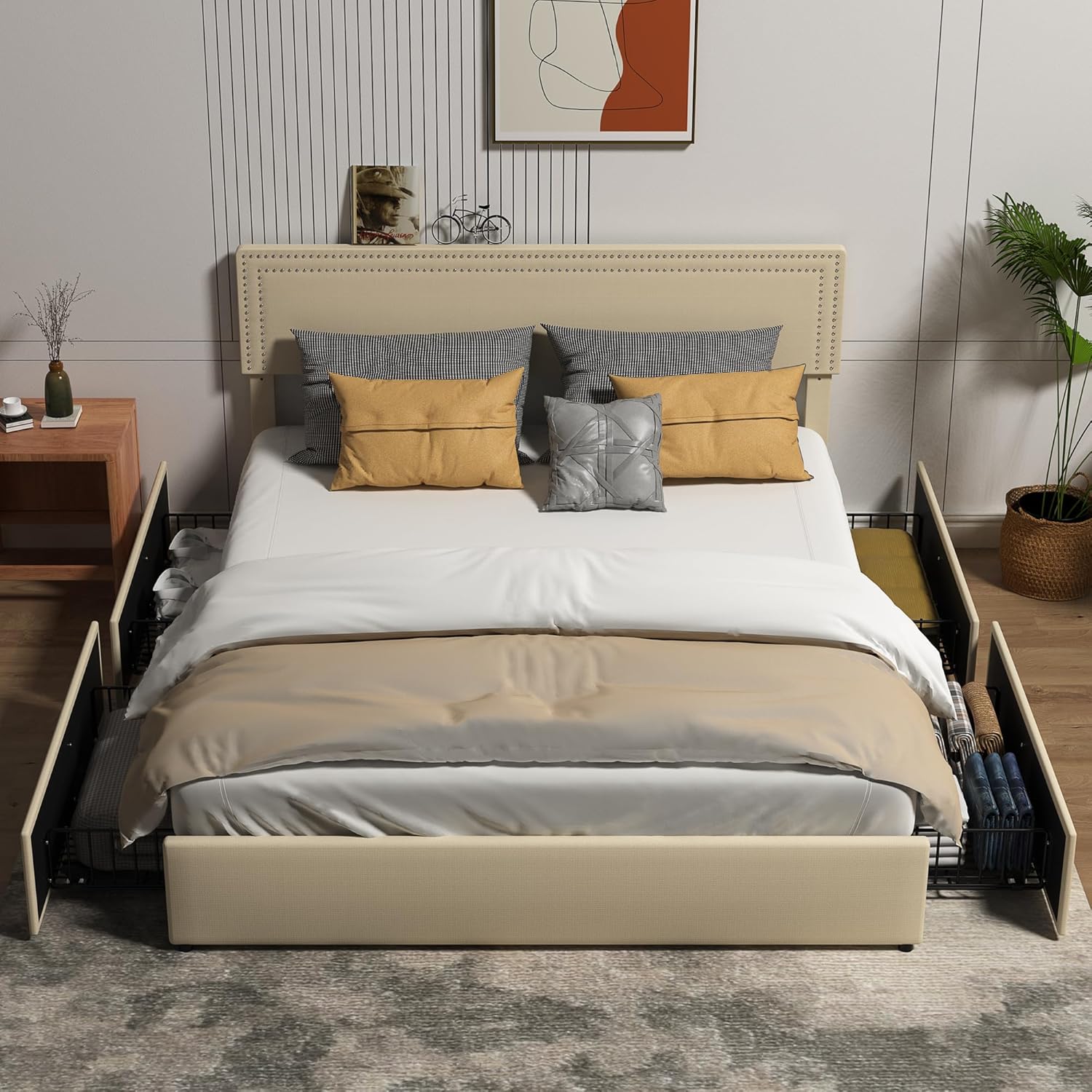 Base de cama con 4 cajones, plataforma de metal resistente con cabecero y estribo, no necesita somier, antideslizante, sin ruido, fácil montaje