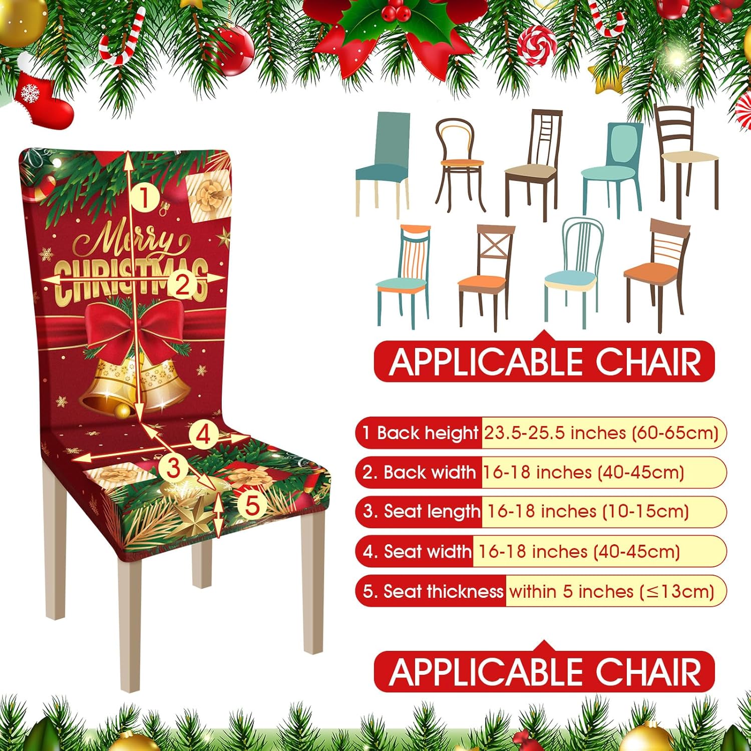 Ganeen 6 fundas navideñas para sillas de Navidad, cubierta trasera para silla, funda elástica para asiento de Navidad, lavable, para comedor,