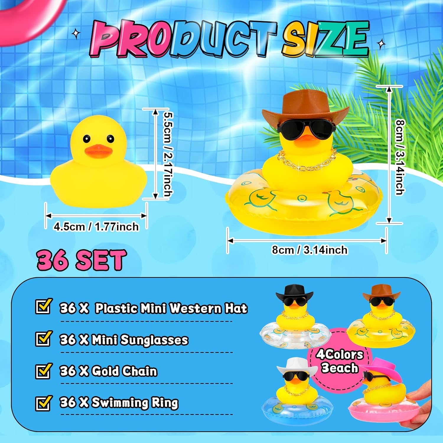 Sosation Pato de goma vaquero a granel, mini auto de patitos amarillos, juguetes de baño, recuerdo de fiesta con mini sombrero, collar de círculo de