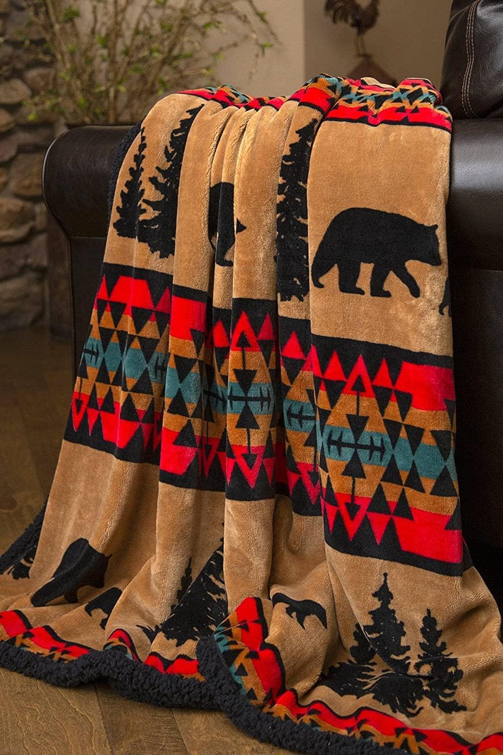 Linen Mart Manta Sherpa de felpa rústica de 54 x 68 pulgadas (Bear Trails)