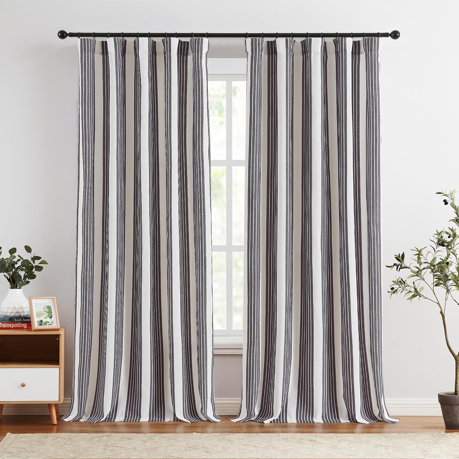 jinchan Cortinas a rayas de 96 pulgadas de largo para sala de estar, patrón blanco y negro, bolsillo para barra, pestaña trasera, cortinas