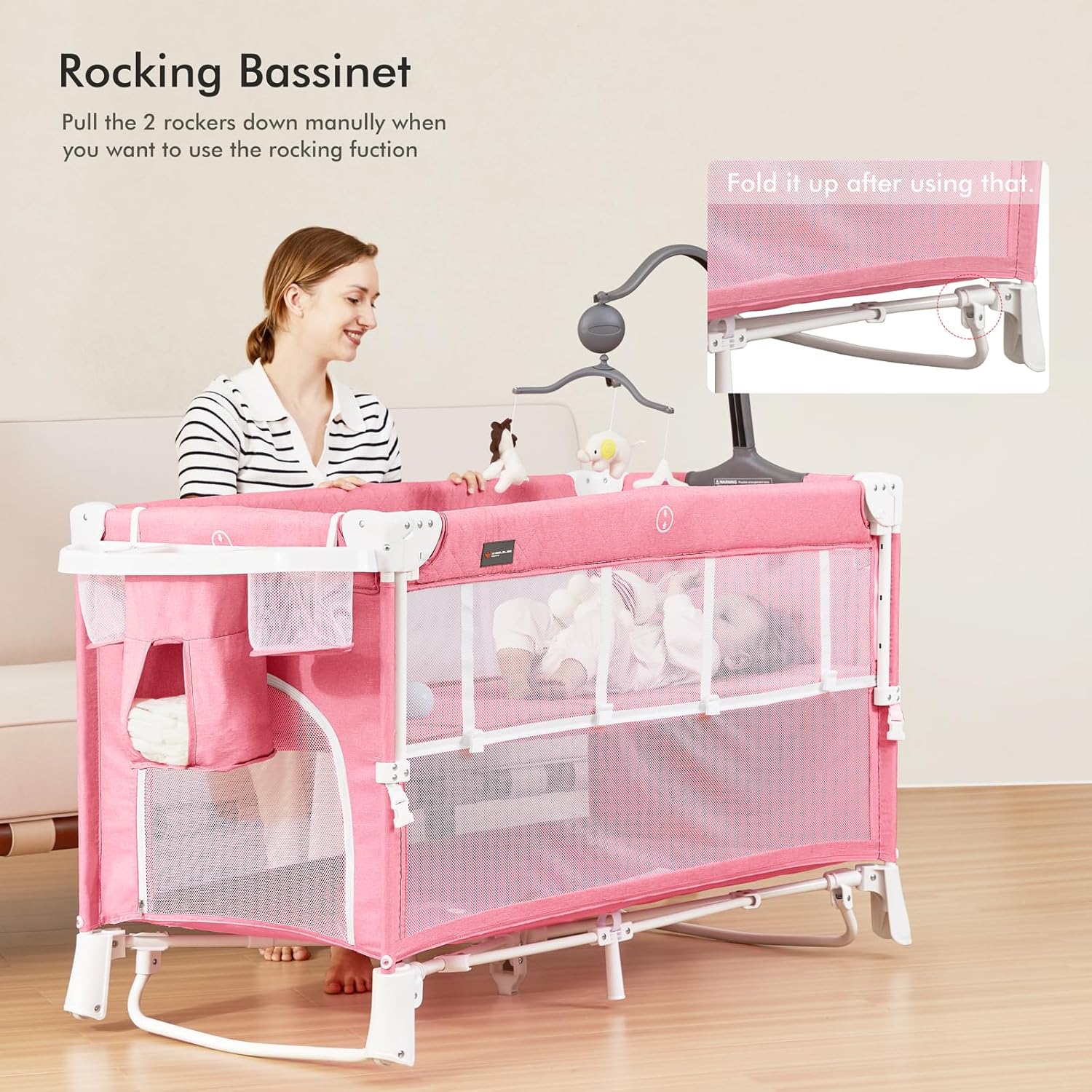 ANGELBLISS Cuna 5 en 1 para bebé, cuna junto a la cama con cambiador de pañales y balancín extraíble, cuna portátil fácil de plegar con móvil,