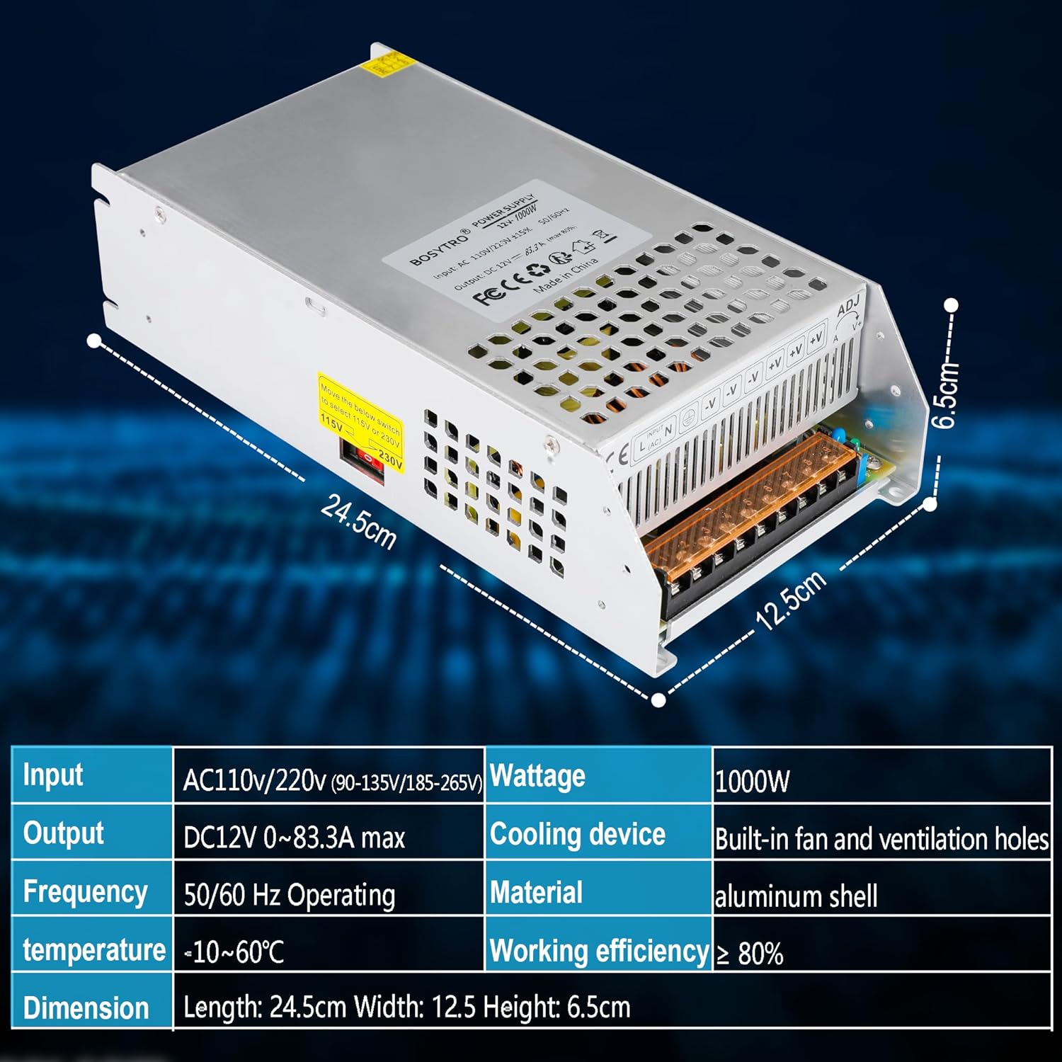 DC 12V 83.3A 1000W Fuente de alimentación conmutada SMPS AC 110V220V-DC 12V Adaptador de transformador, para señales publicitarias, sistema de