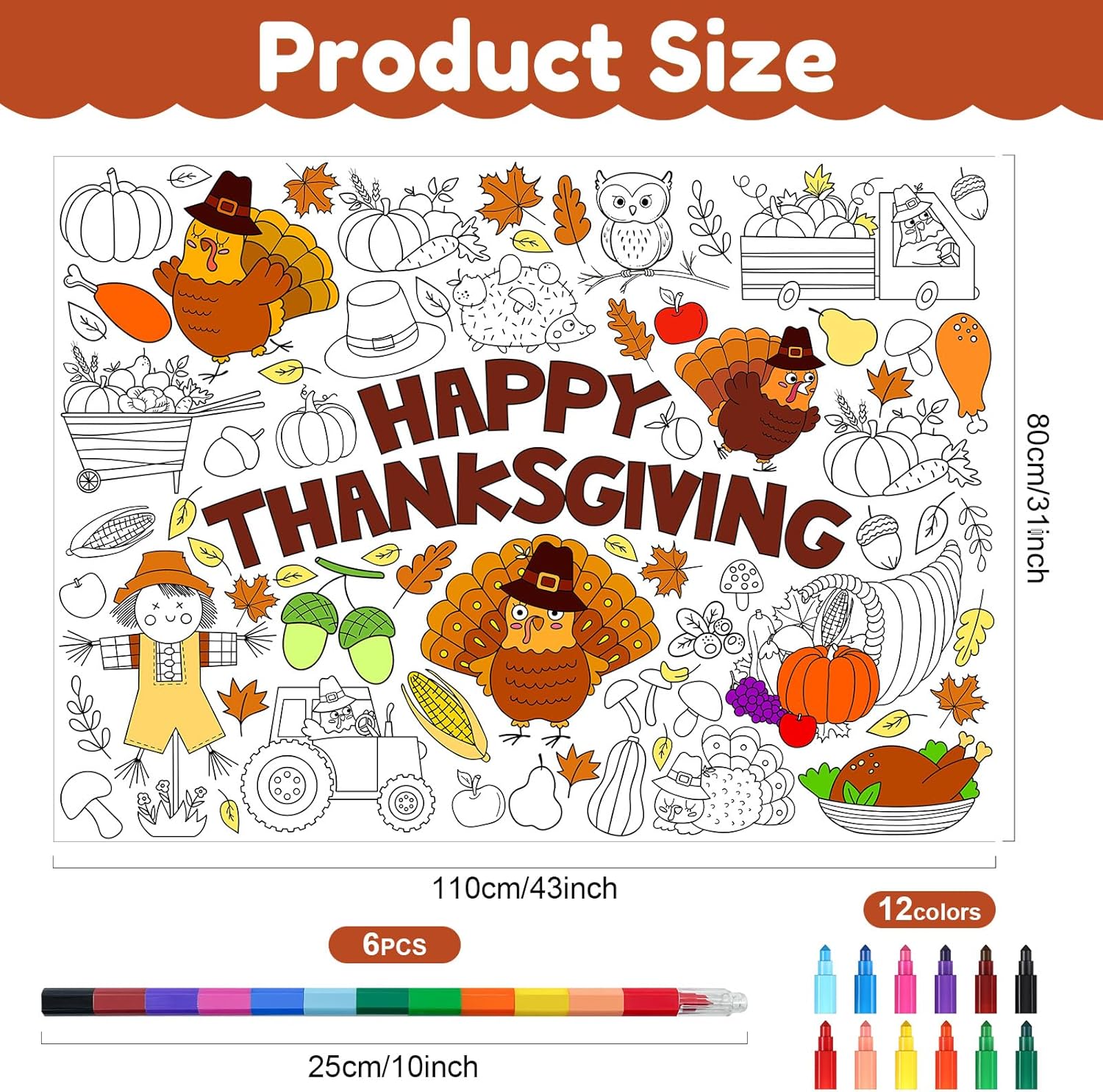 Póster gigante para colorear de Acción de Gracias con 6 crayones apilables, juego de recuerdos de fiesta de Acción de Gracias de calabaza grande,