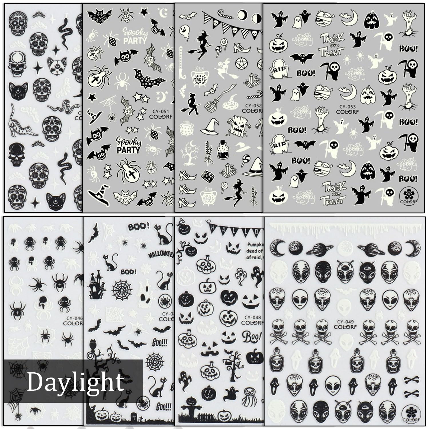 Calcomanías luminosas para arte de uñas de Halloween, 8 piezas que brillan en la oscuridad, calavera, fantasma, araña, calabaza, extraterrestre,