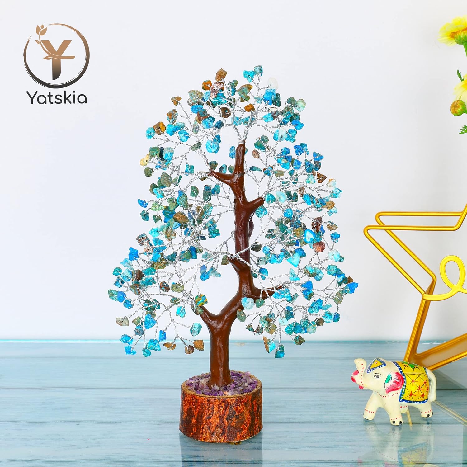 YATSKIA – Árbol de cristal turquesa Feng Shui, alambre, bonsái Buhha, estatua reiki, Chakra curativo energía positiva, buena suerte dinero regalos