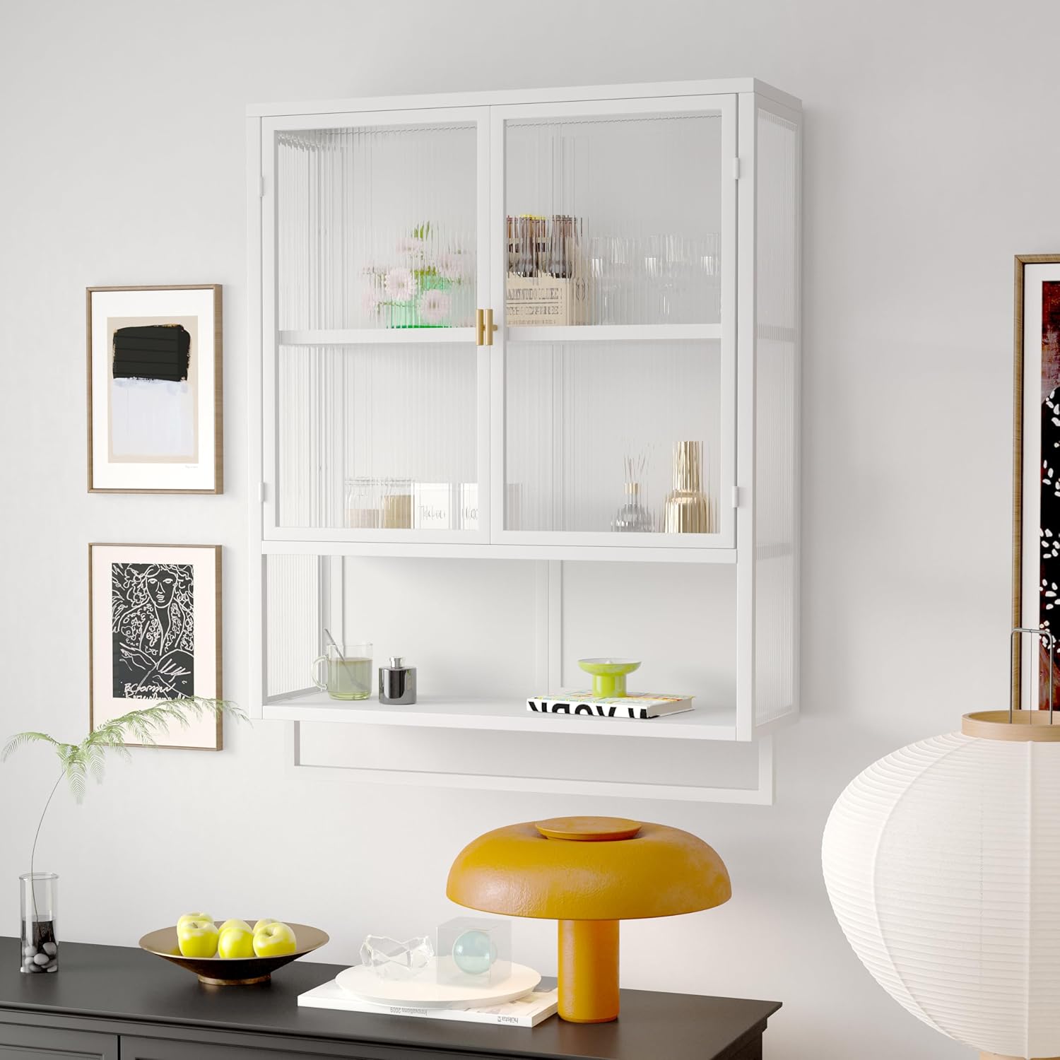 Armario de pared de doble puerta de vidrio estilo retro con estantes desmontables para oficina, comedor, sala de estar, cocina y baño, color blanco