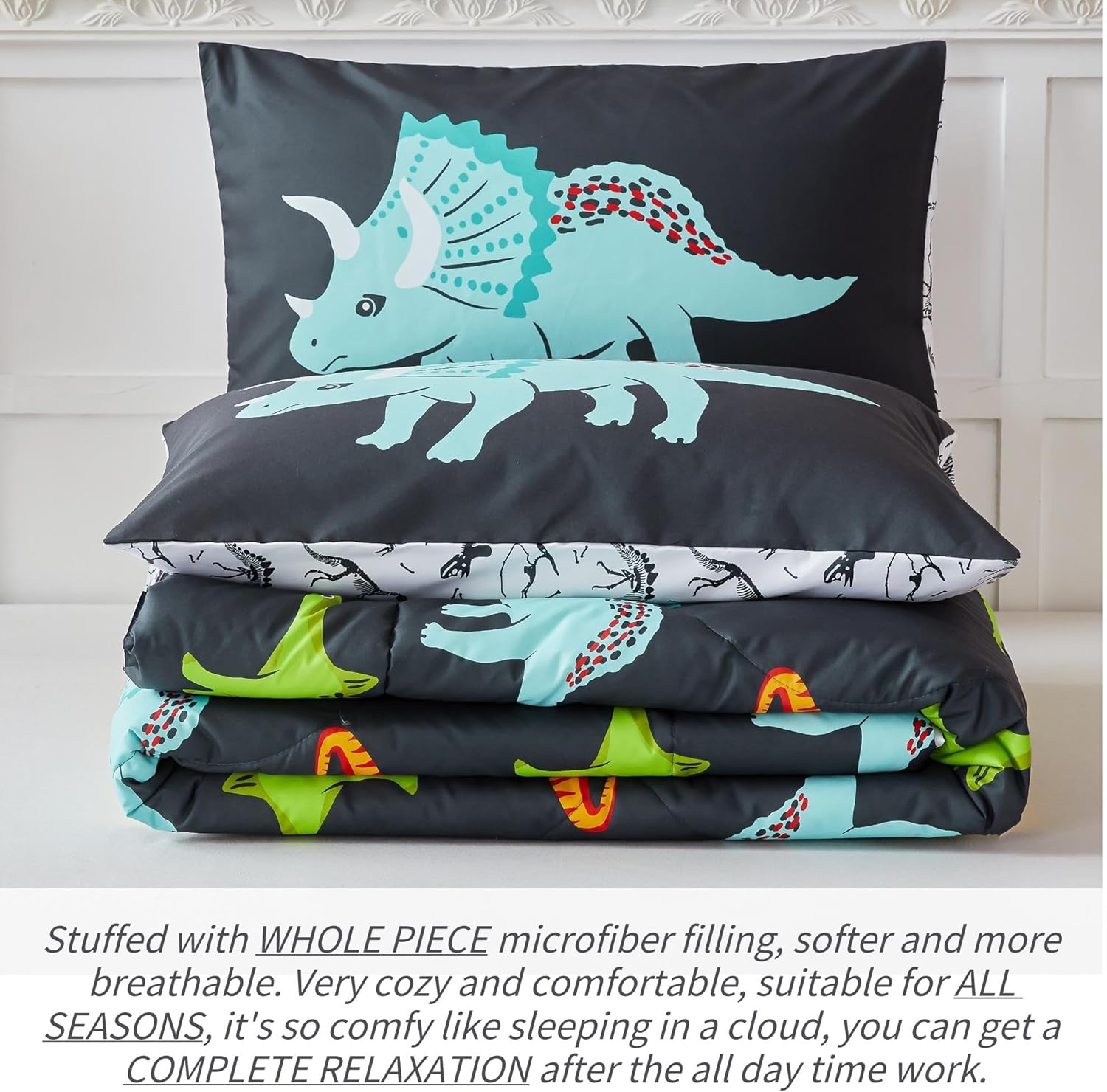 RYNGHIPY Juego de ropa de cama de dinosaurio, tamaño individual, juego de edredón para niños y niñas, suave, transpirable, lindo juego de cama de