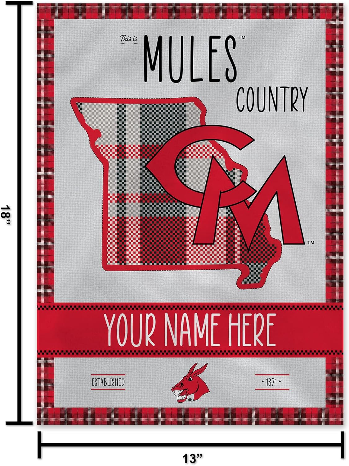 Rico Industries NCAA Central Missouri Mules This is Mules Country – Bandera de jardín personalizada con diseño a cuadros