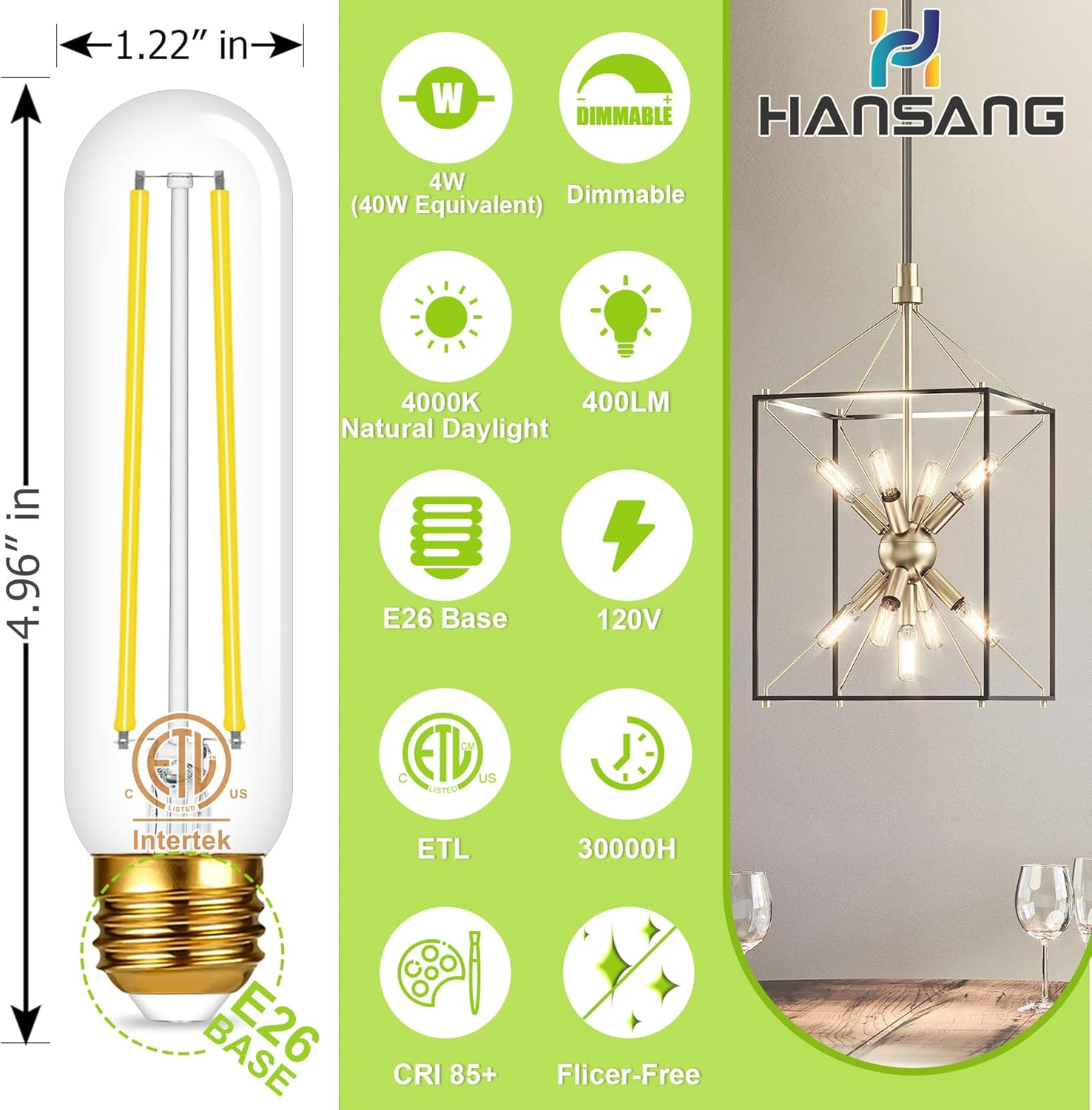 hansang Bombilla Edison E26, luz natural de 4000 K, bombilla LED T10 equivalente a 40 W, bombillas de filamento LED vintage, forma de vidrio