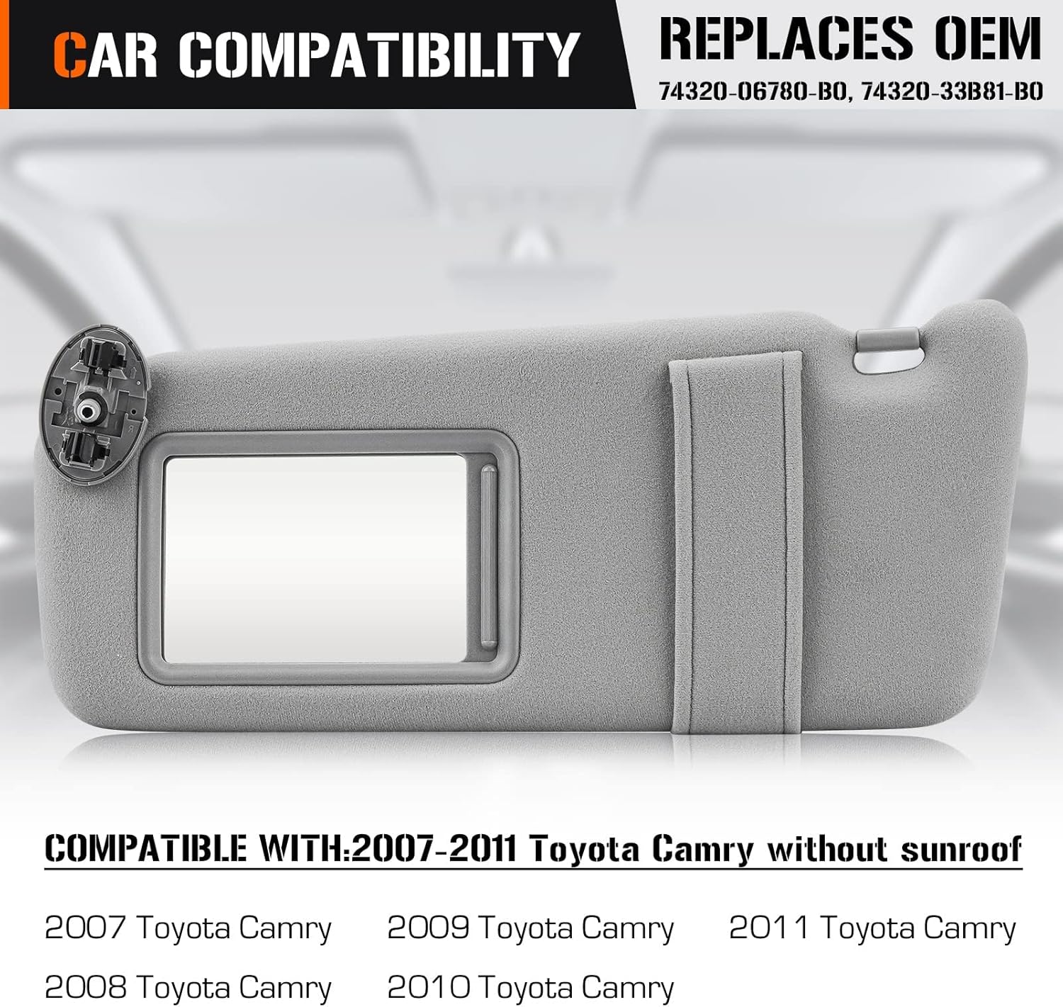 Visera solar izquierda y derecha para Toyota Camry 2007-2011 sin techo solar, lado del conductor y pasajero, repuesto de parasol gris