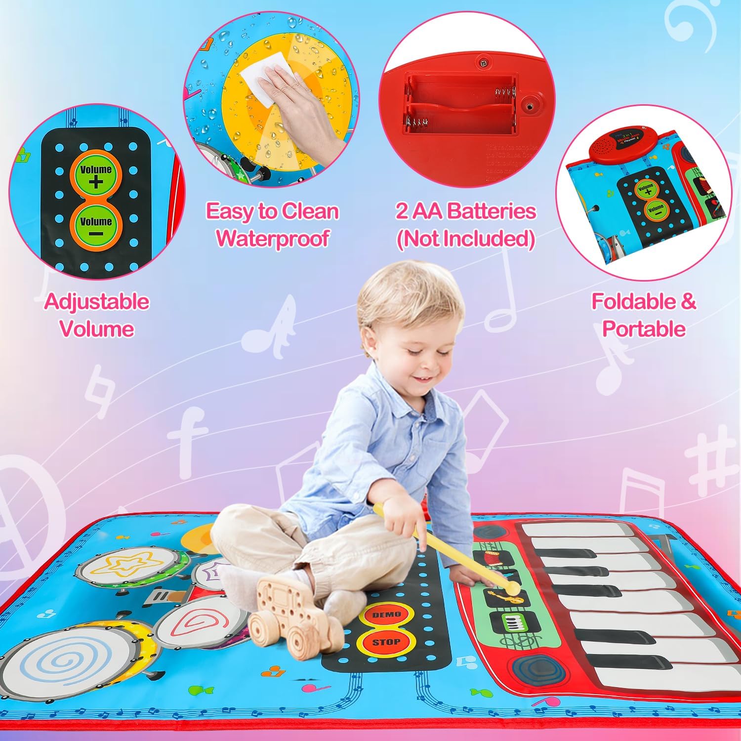 Regalo de cumpleaños para niño de 1 año, tapete de música para niños pequeños de 1 a 3, juguetes de aprendizaje de música 2 en 1 para bebés de 1 a 3